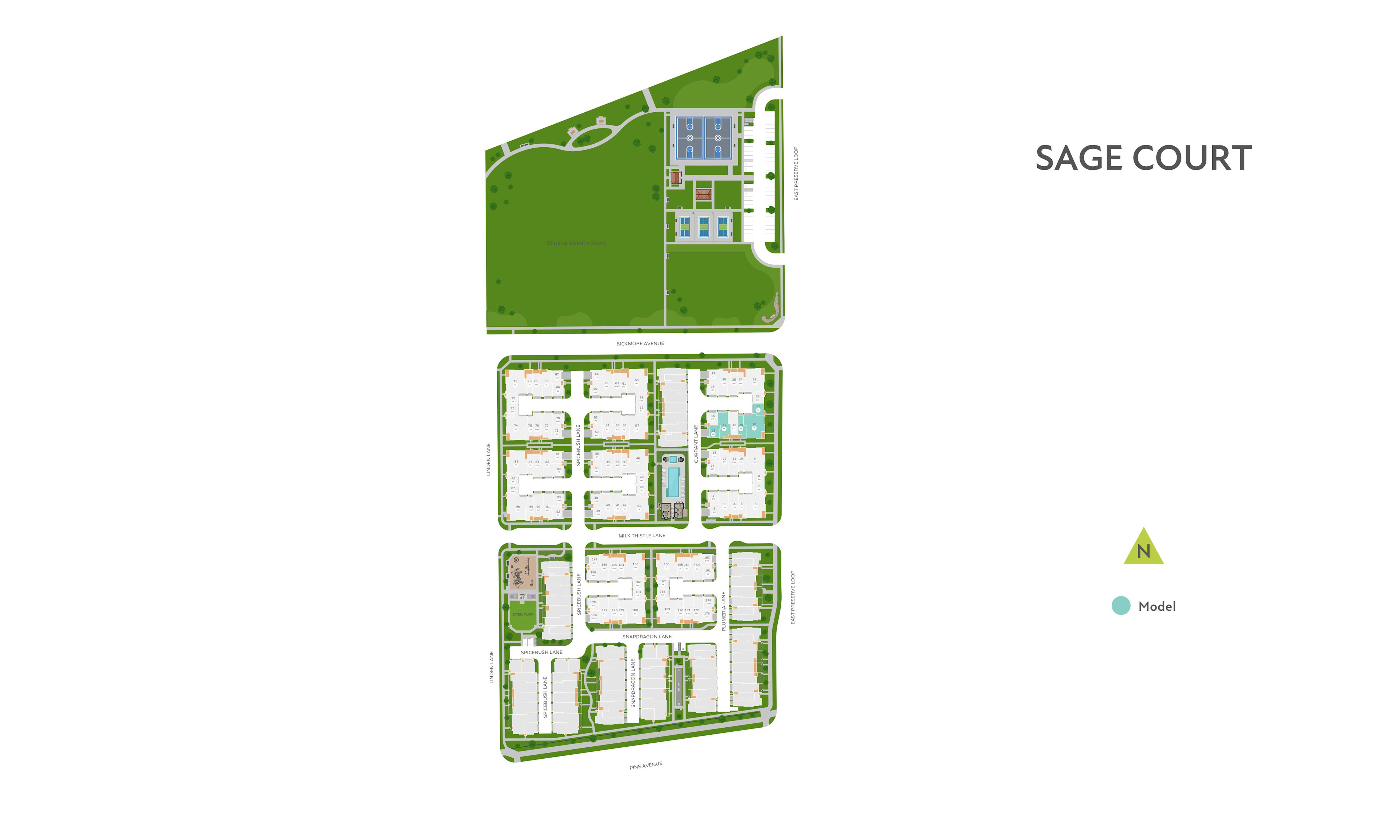 The image appears to be a site plan or layout for a residential development called "Sage Court". It shows a green, landscaped area in the foreground, with various buildings and structures arranged in a grid-like pattern in the background.