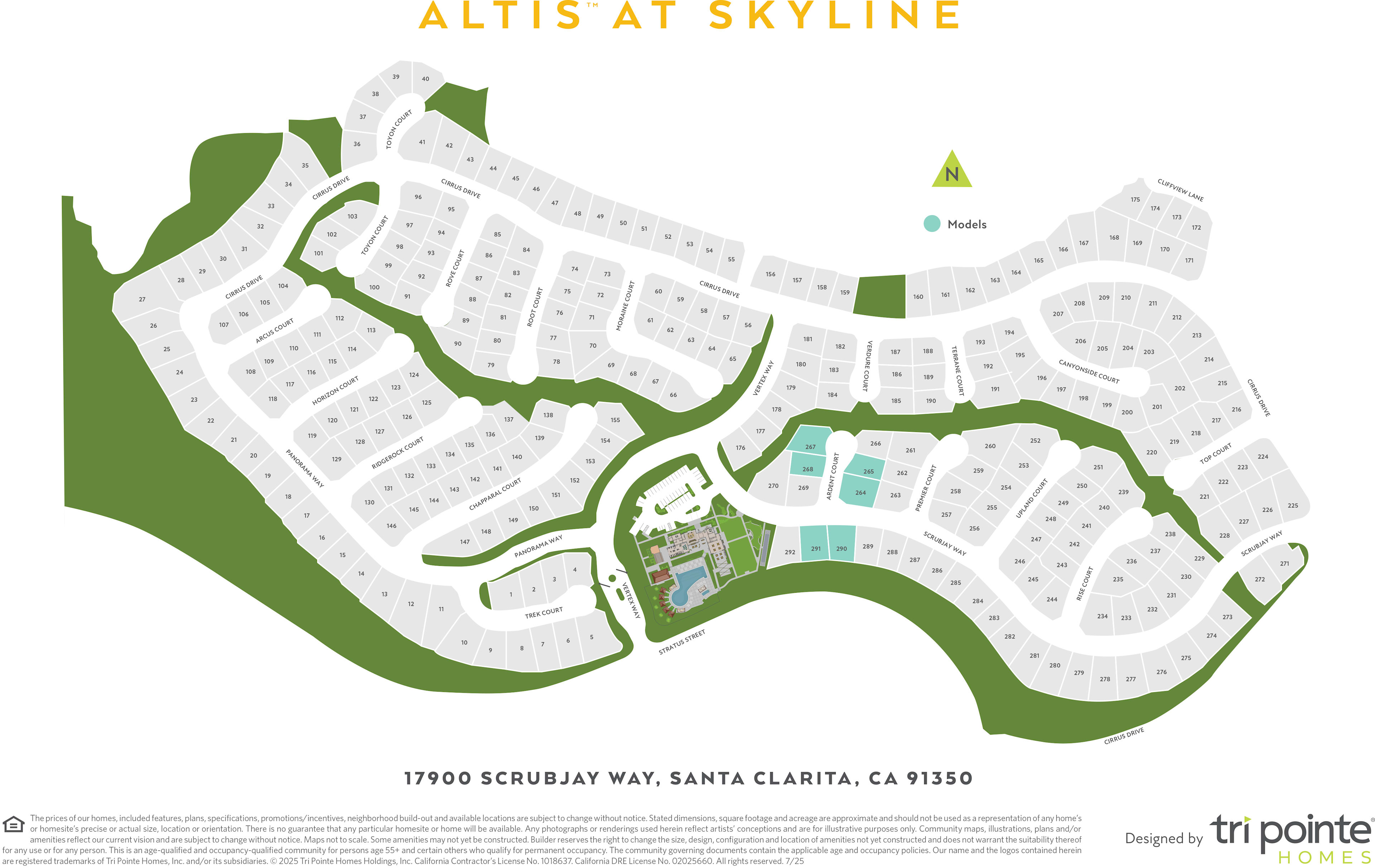 The image is a map of a residential development called "Altis at Skyline" located at 17900 Scrubby Way, Santa Clarita, CA 91350. The map shows the layout of the development, including residential areas, green spaces, and other features.