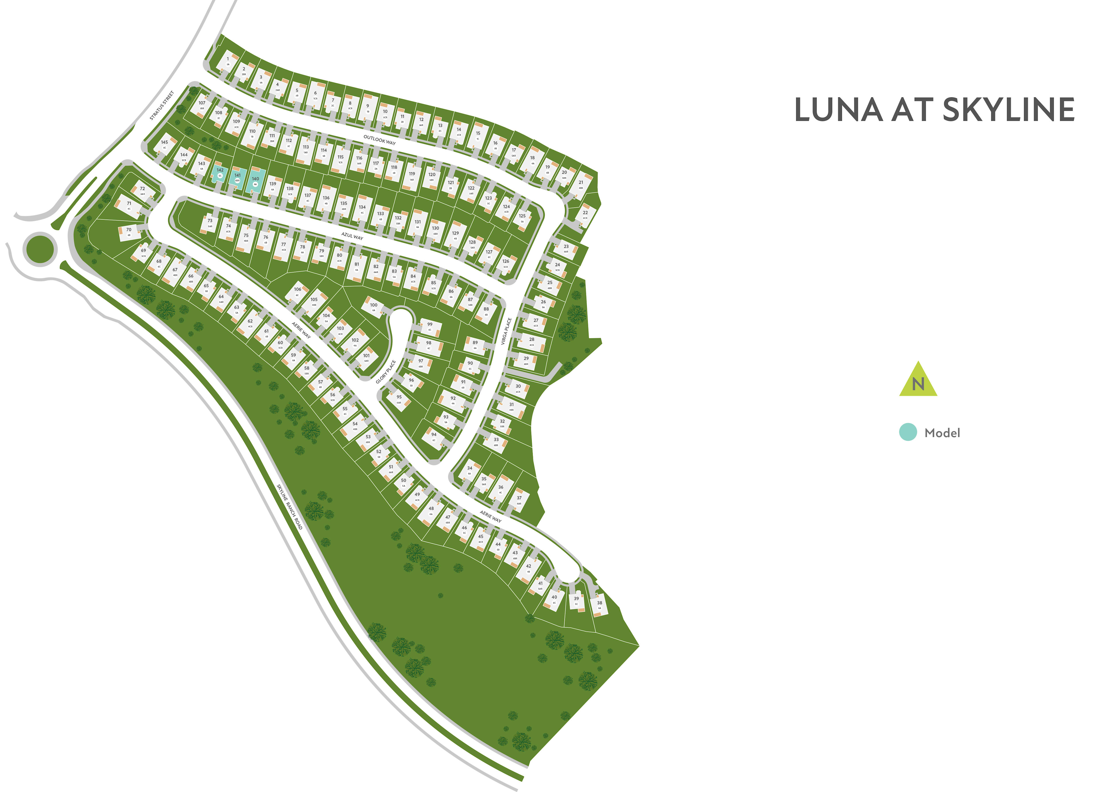 The image depicts a map or layout of a residential development called "Luna at Skyline". The foreground shows a grid-like arrangement of residential lots or parcels, with green spaces and roads winding through the development. The background appears to be a natural landscape, possibly hills or mountains.