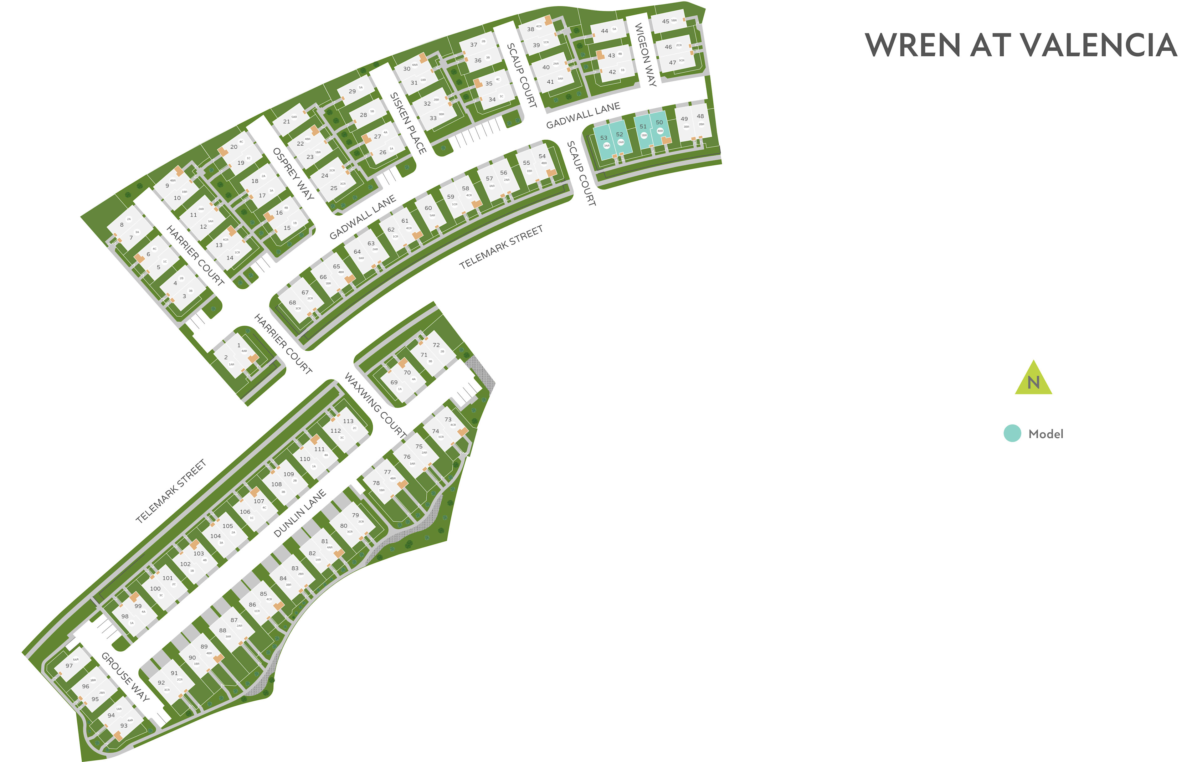 The image appears to be a map or layout of a residential area called "Wren at Valencia", with green spaces and buildings arranged in a curved pattern.