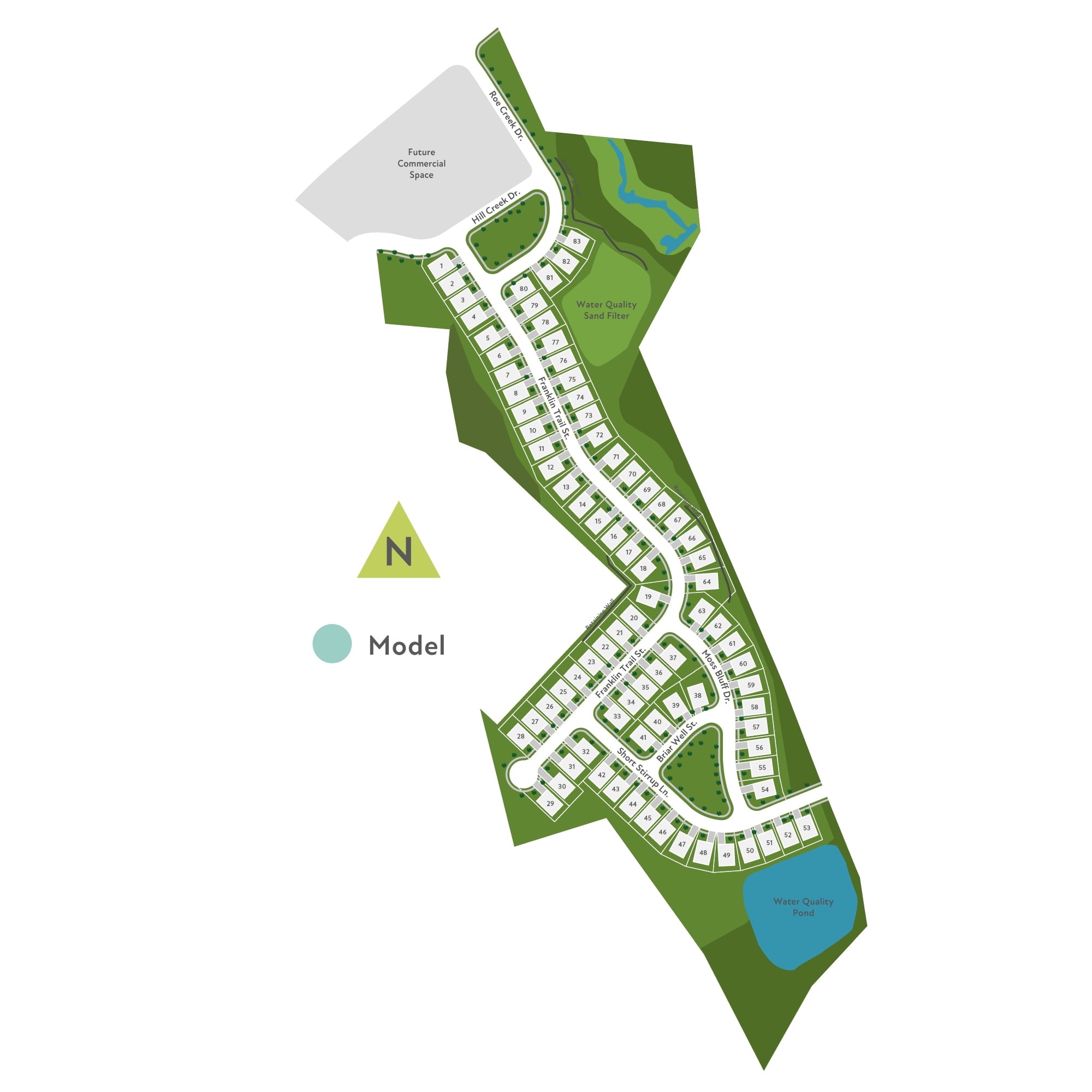 A detailed map of a residential development, featuring a grid-like layout of houses, roads, and green spaces.