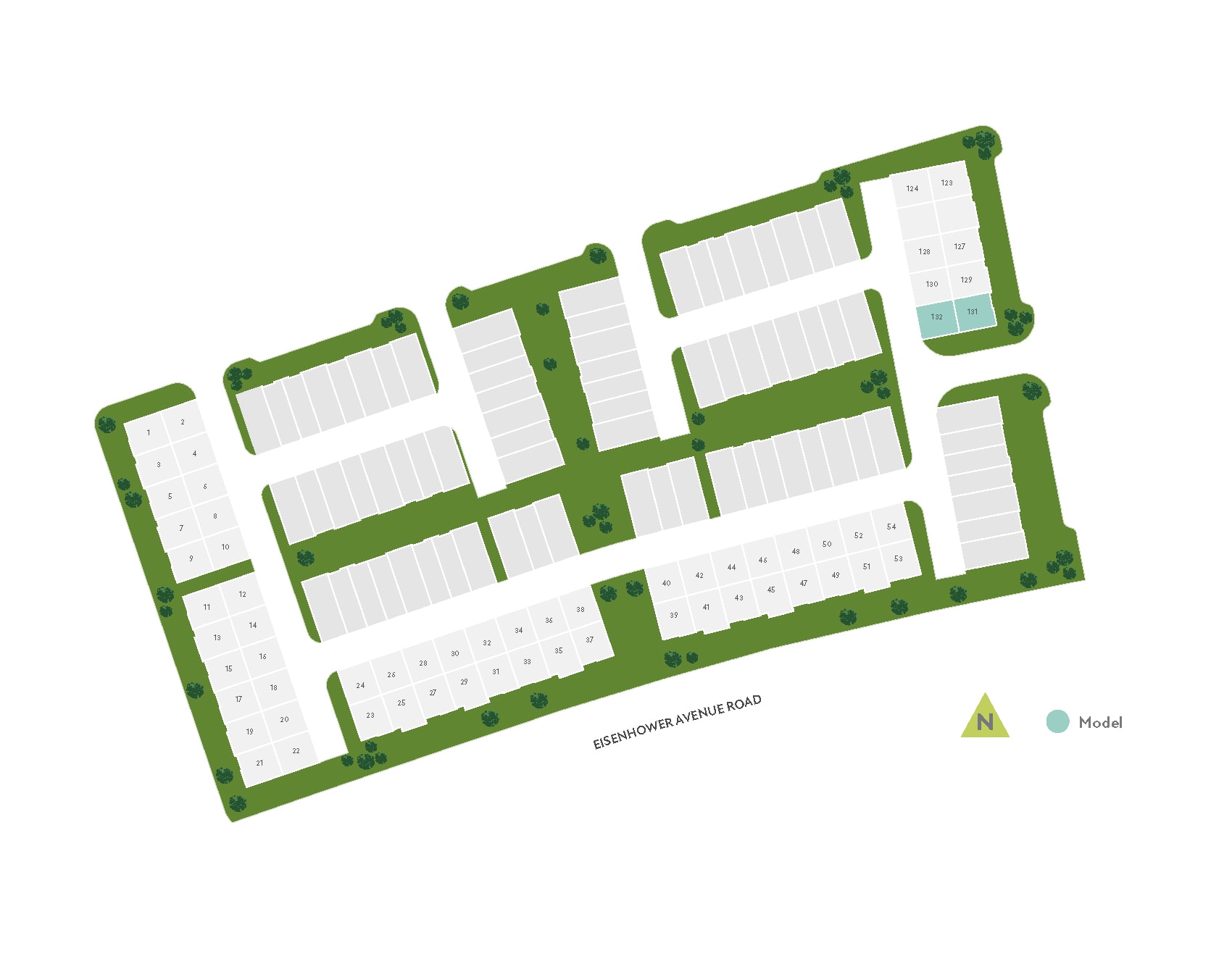 The image appears to be a map or layout of a residential area, with green blocks representing buildings or structures, and white spaces indicating roads or pathways. The overall design has a geometric, grid-like pattern.