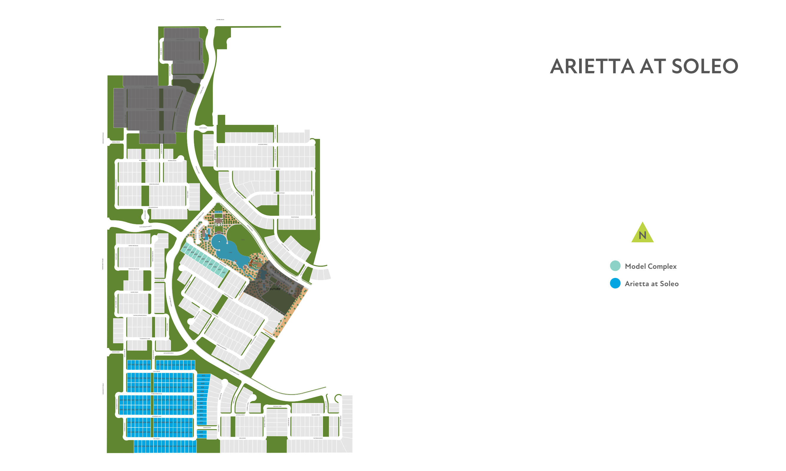 The image appears to be a site plan or master plan for a development called "Arietta at Soleo". It shows a layout of various buildings, roads, and green spaces within the development.