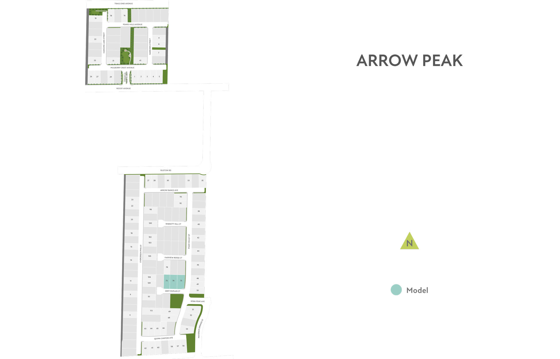 The image appears to be a site plan or layout for a development called "Arrow Peak". It includes various labeled areas and structures, with green and blue elements indicating potential landscaping or other features.