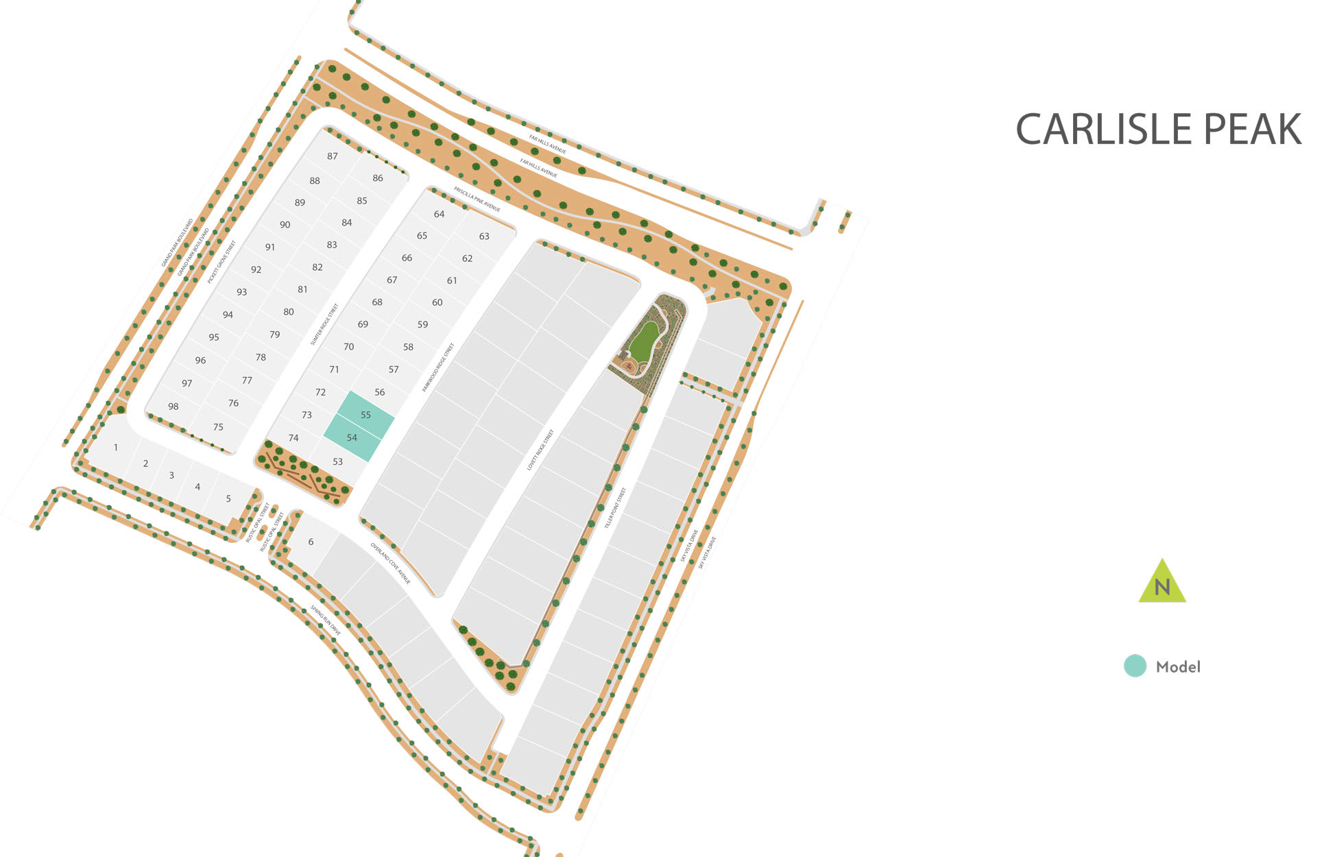 The image appears to be a map or layout of a location called "Carlisle Peak". It shows various buildings, roads, and other structures arranged in a geometric pattern, with different colors and shapes used to represent different elements.