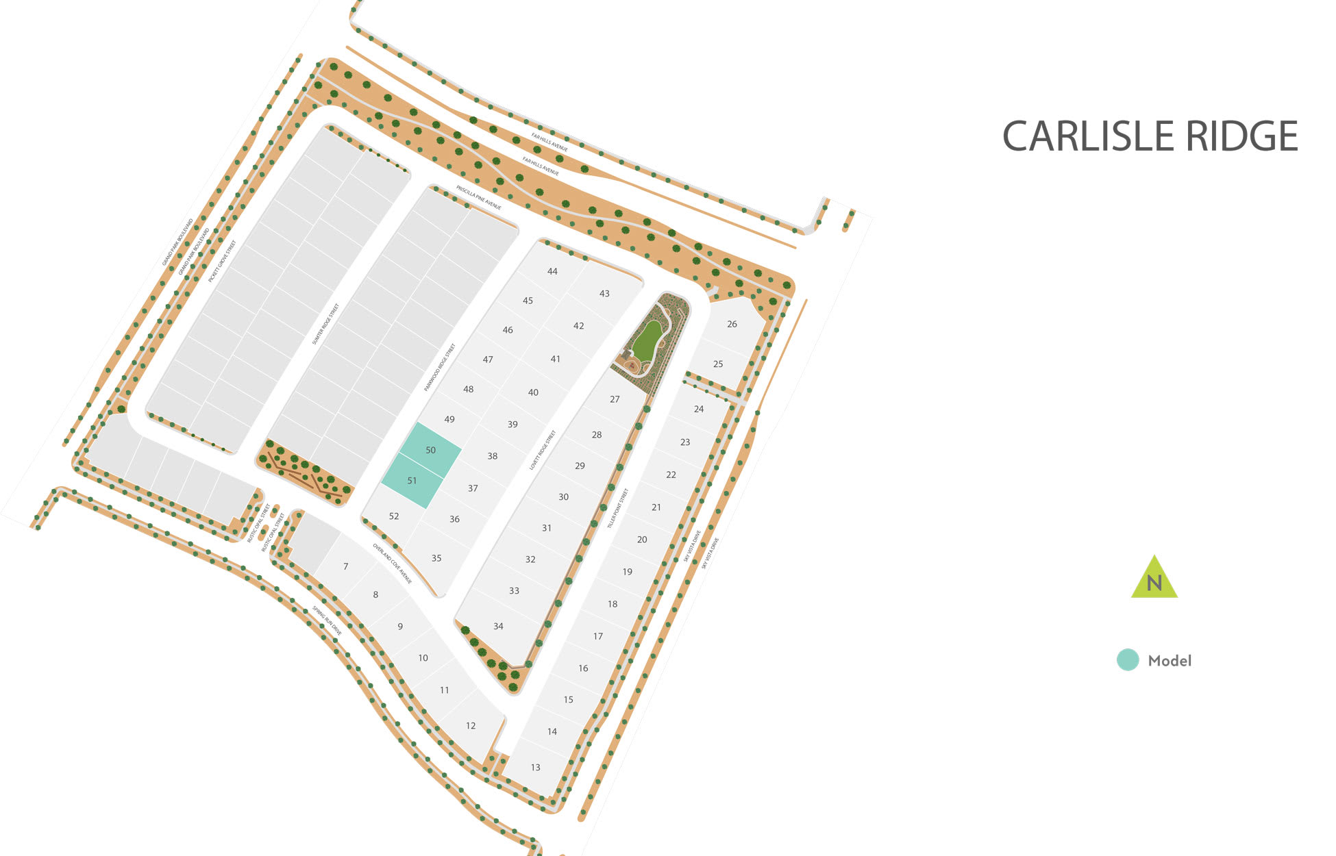 The image appears to be a map or layout of a residential area called Carlisle Ridge, featuring various buildings, roads, and a hotel symbol.
