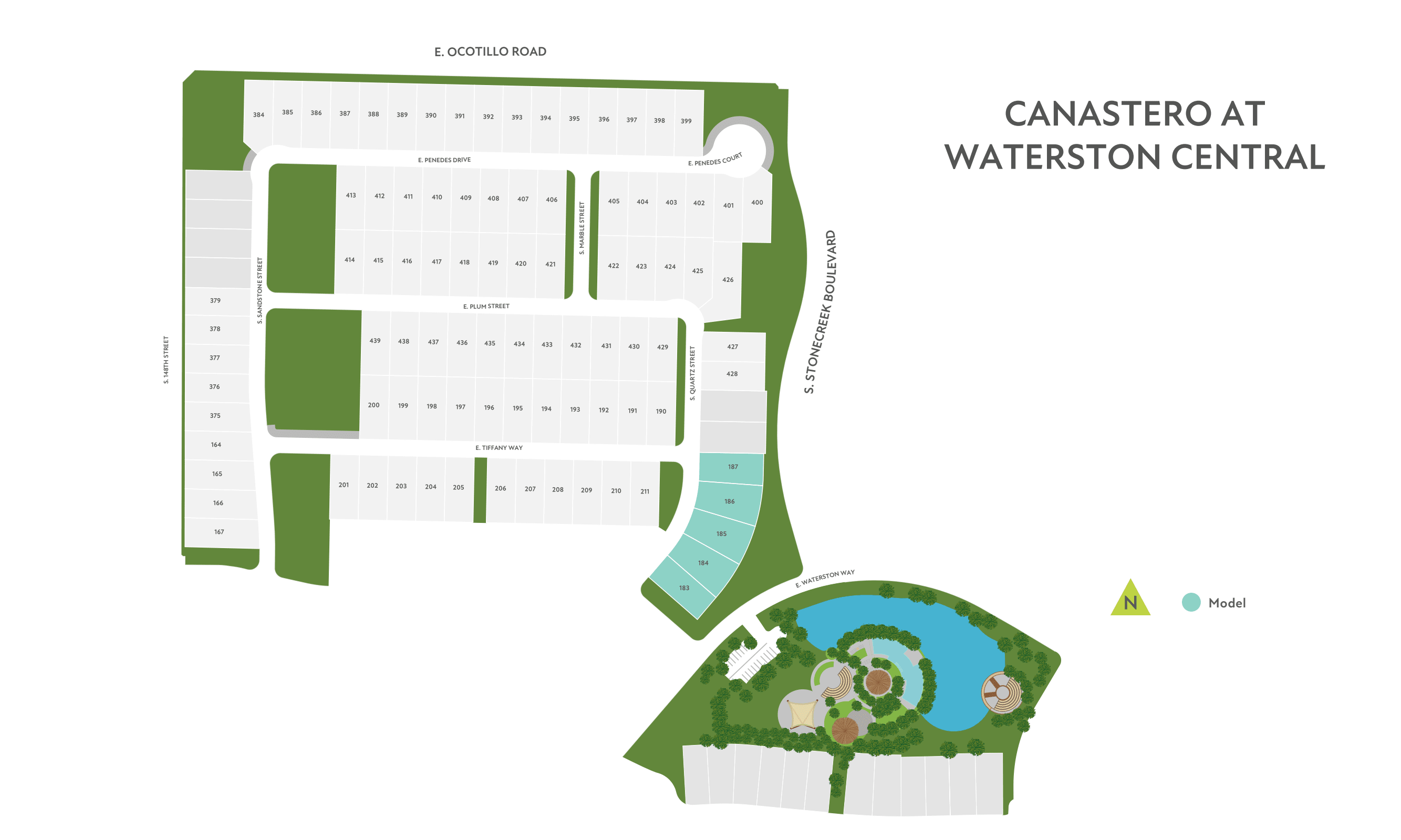 The image is a map of the Canastero at Waterston Central, showing various buildings and green spaces within the area.