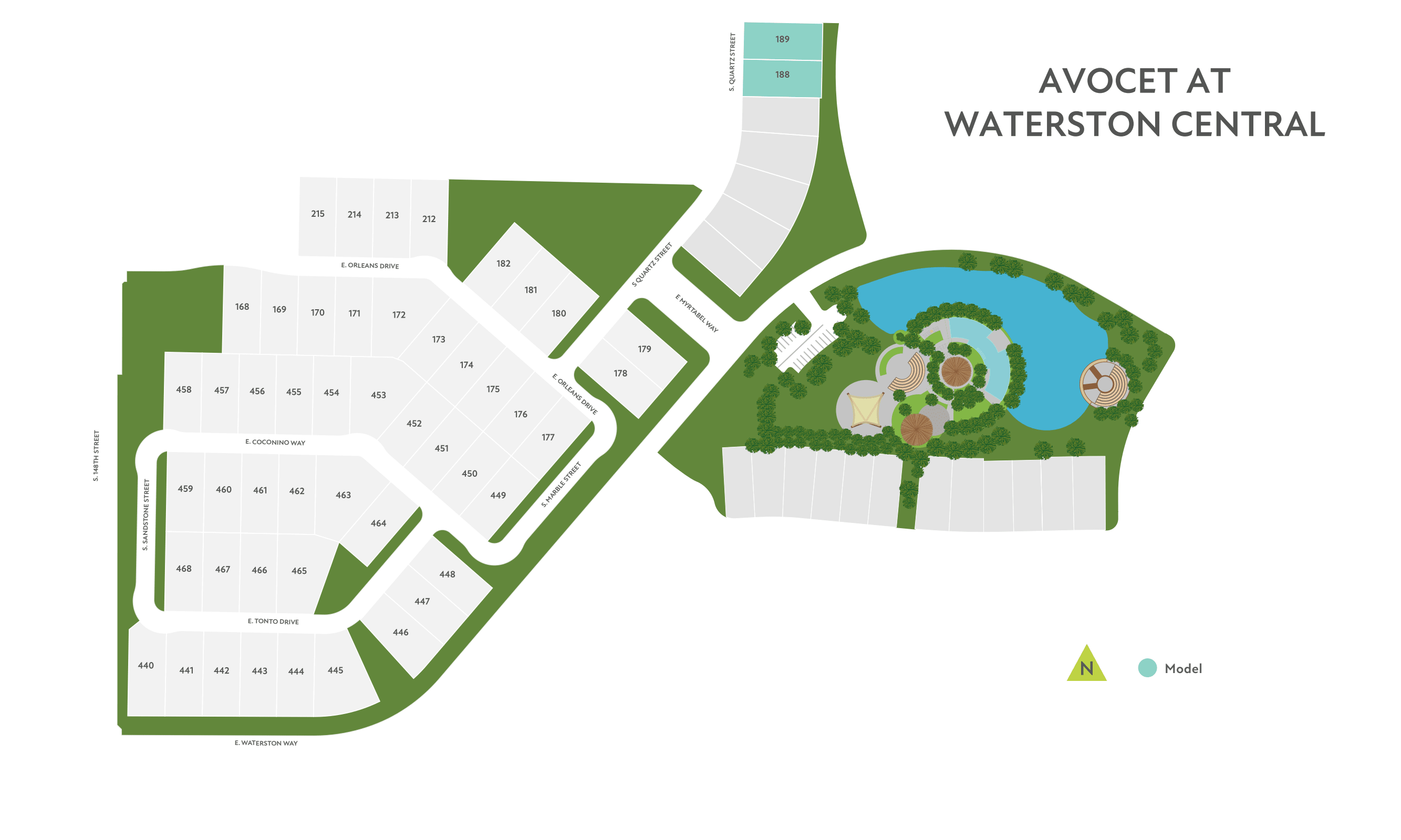 The image depicts a map or layout of a location called "Avocet at Waterston Central", which appears to be a residential or commercial development. The foreground shows various buildings, roads, and green spaces, while the background features a circular design element that may represent a central feature or landmark of the development.