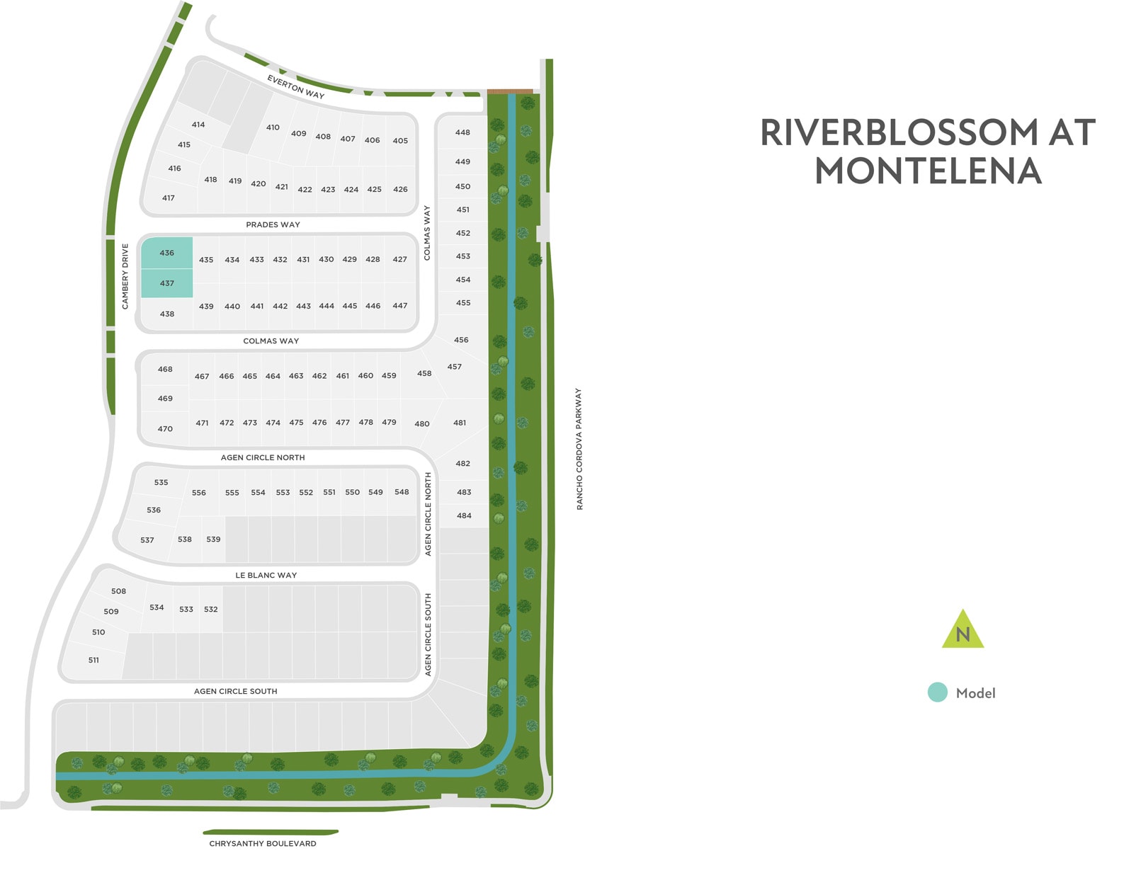 This is a site plan for a residential development called Riverblossom at Montelena, featuring a grid of numbered lots and green spaces.