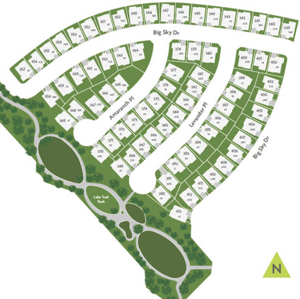 A detailed map of a residential neighborhood, with individual lots and green spaces visible in the foreground, surrounded by a natural landscape in the background.
