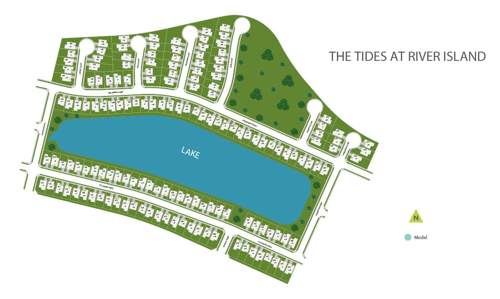 A map of a residential area called "The Tides at River Island", featuring a lake surrounded by houses and trees.