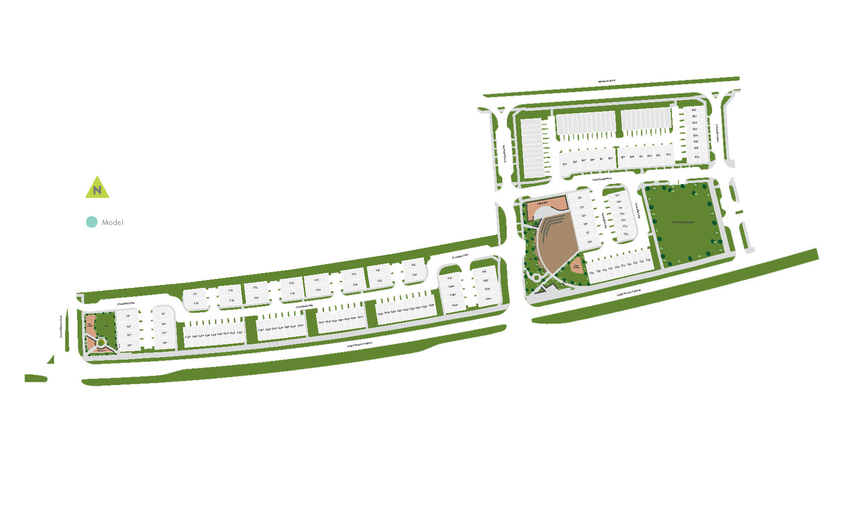 The image appears to be a site plan or layout of a residential or commercial development. It shows various buildings, roads, and green spaces arranged in a curved layout, with a central area that seems to be a focal point or amenity.