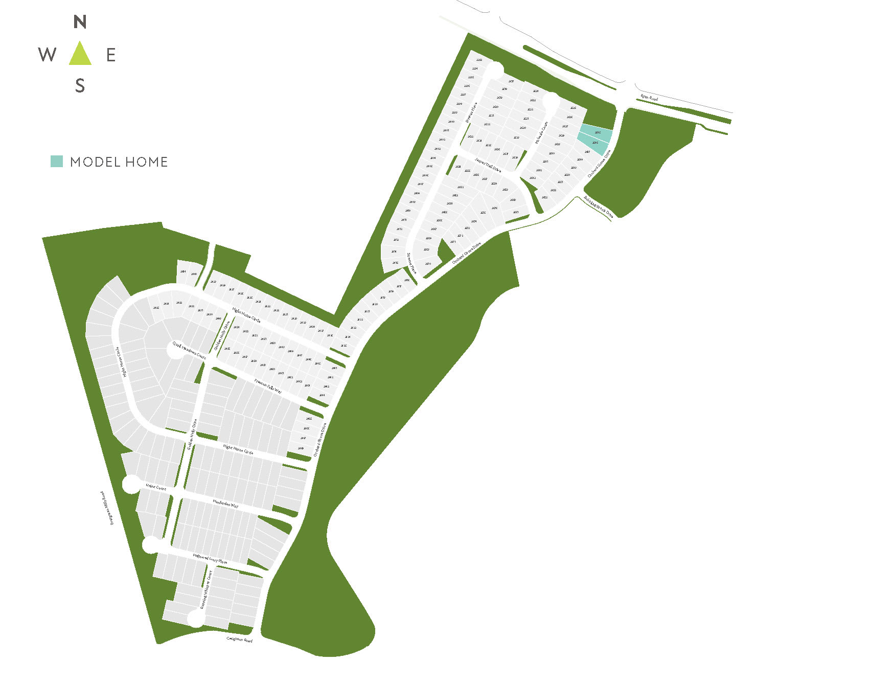 The image appears to be a map or layout of a residential area, with various plots or parcels of land outlined in green and white. The background includes a compass rose, indicating the cardinal directions.