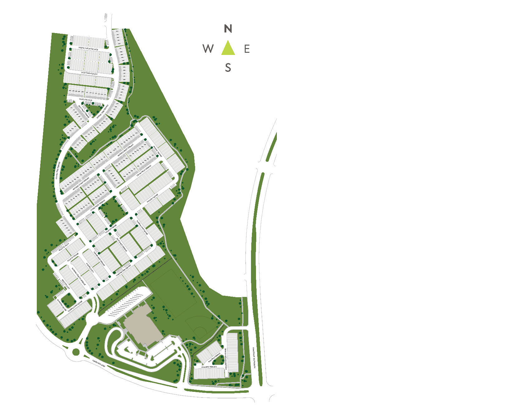 The image appears to be a map or layout of a residential or commercial area, with various buildings and structures arranged in a grid-like pattern. The foreground is dominated by green spaces, likely representing parks or open areas, while the background features a compass rose indicating the cardinal directions.