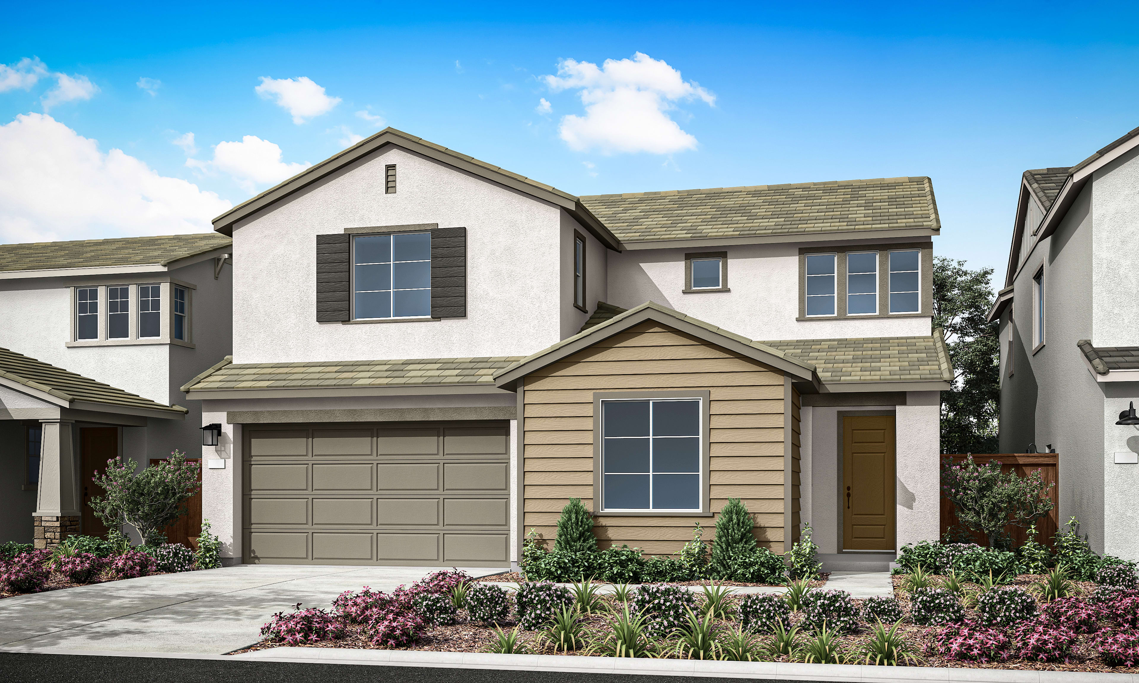 A two-story residential house with a garage, surrounded by landscaped gardens and a clear blue sky with fluffy white clouds.