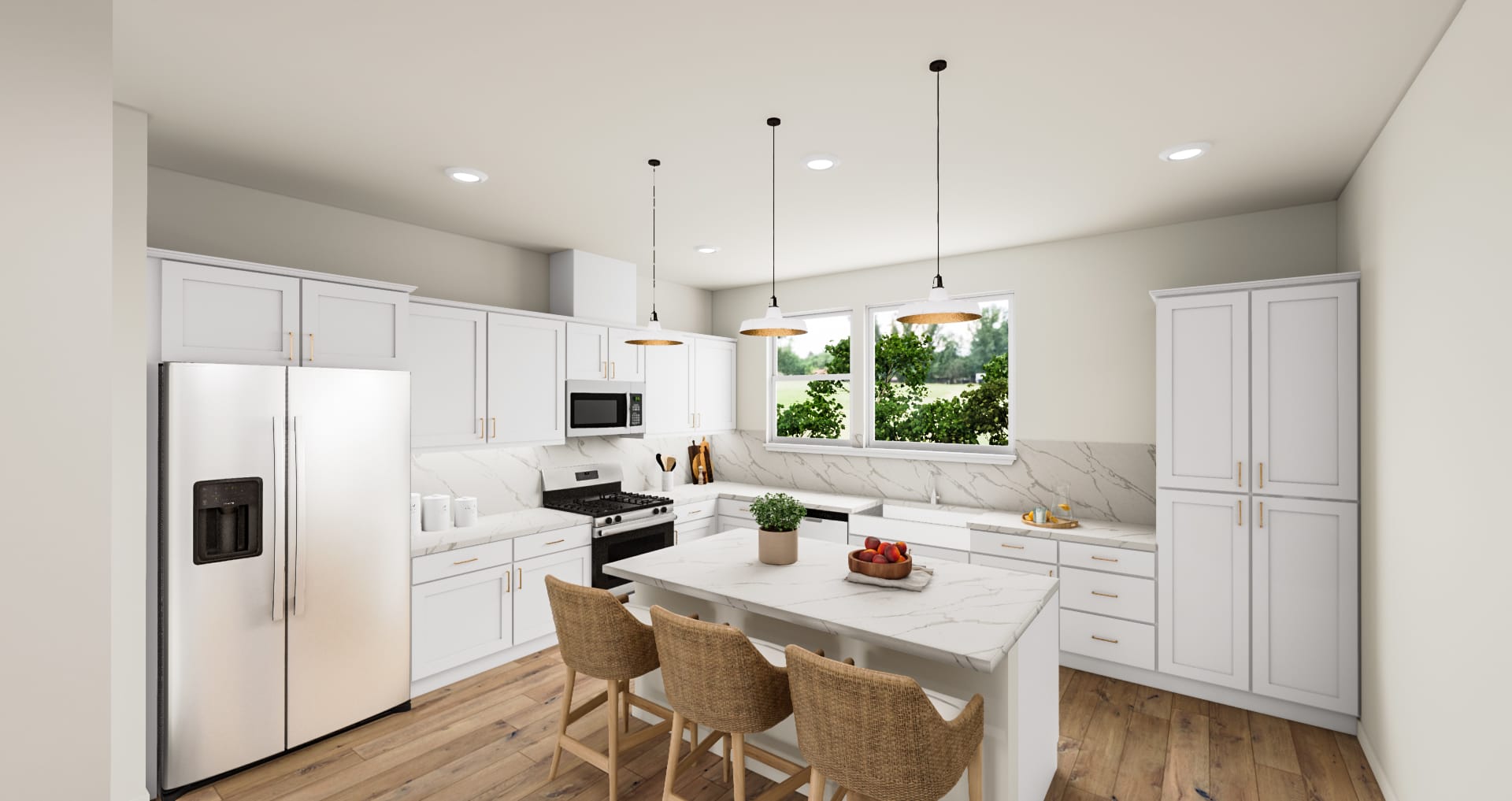 A modern, bright kitchen with white cabinets, stainless steel appliances, and a wooden dining table with wicker chairs in the foreground.