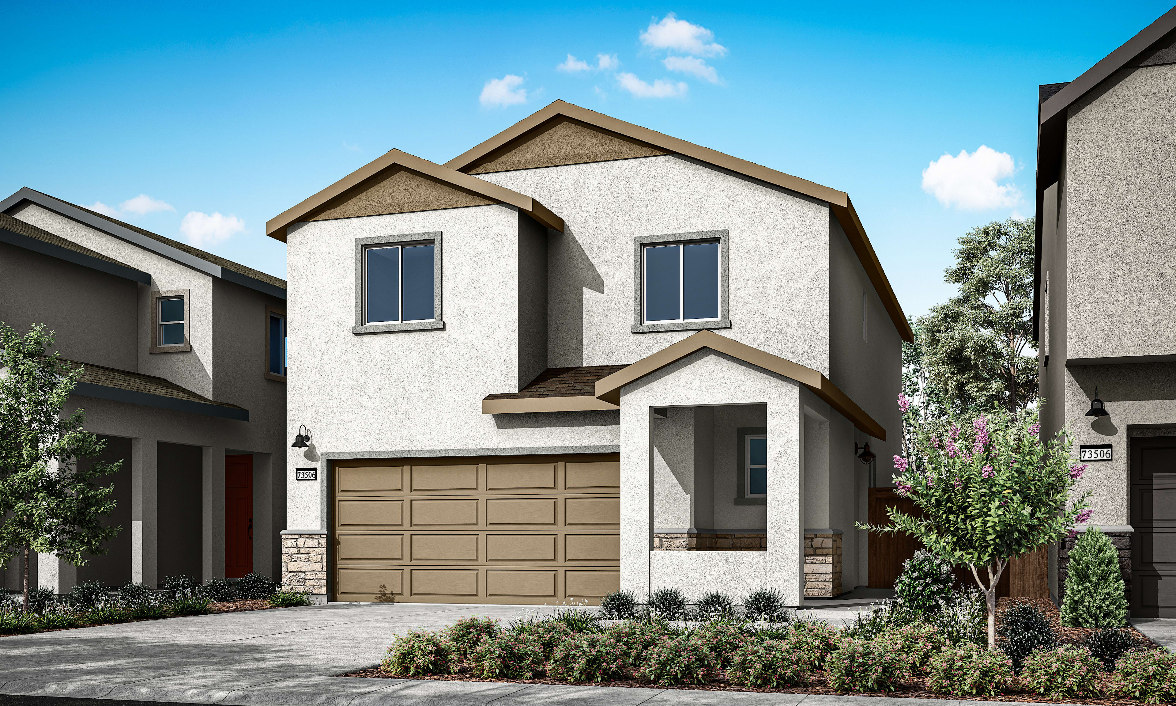 A modern two-story house with a black garage door, white exterior, and a well-landscaped front yard set against a blue sky with fluffy clouds.