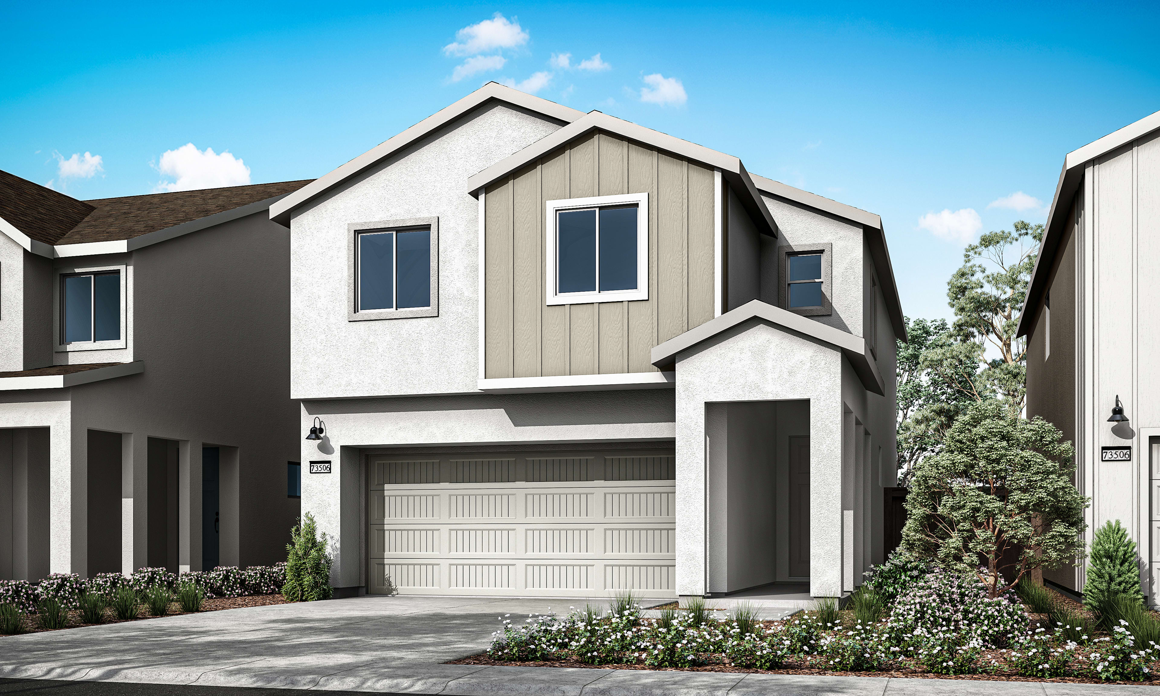 A modern two-story townhouse with a garage, surrounded by lush greenery and a clear blue sky in the background.