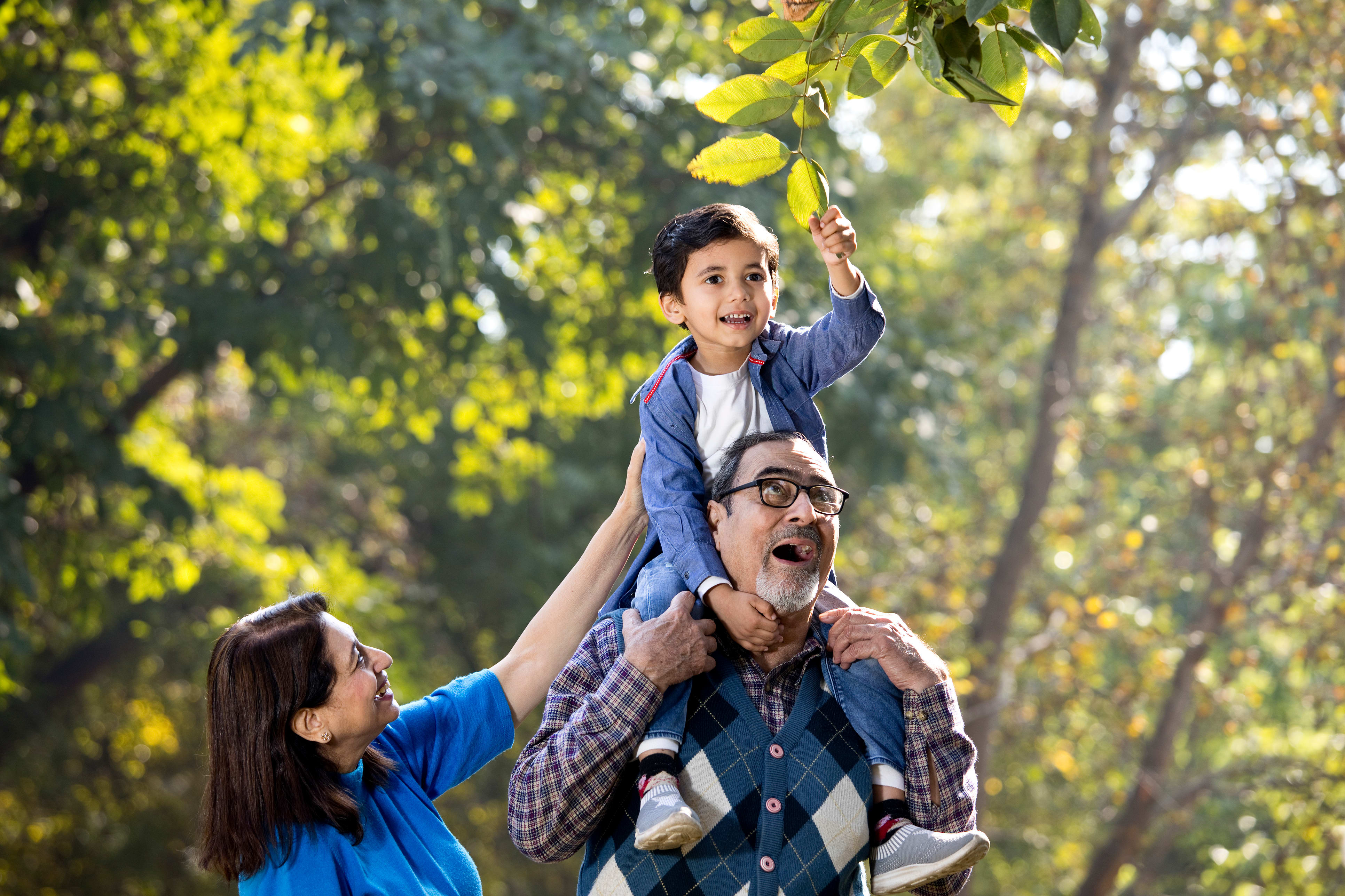 A young boy is being lifted up by a man, both with joyful expressions, surrounded by a lush, green forest background.