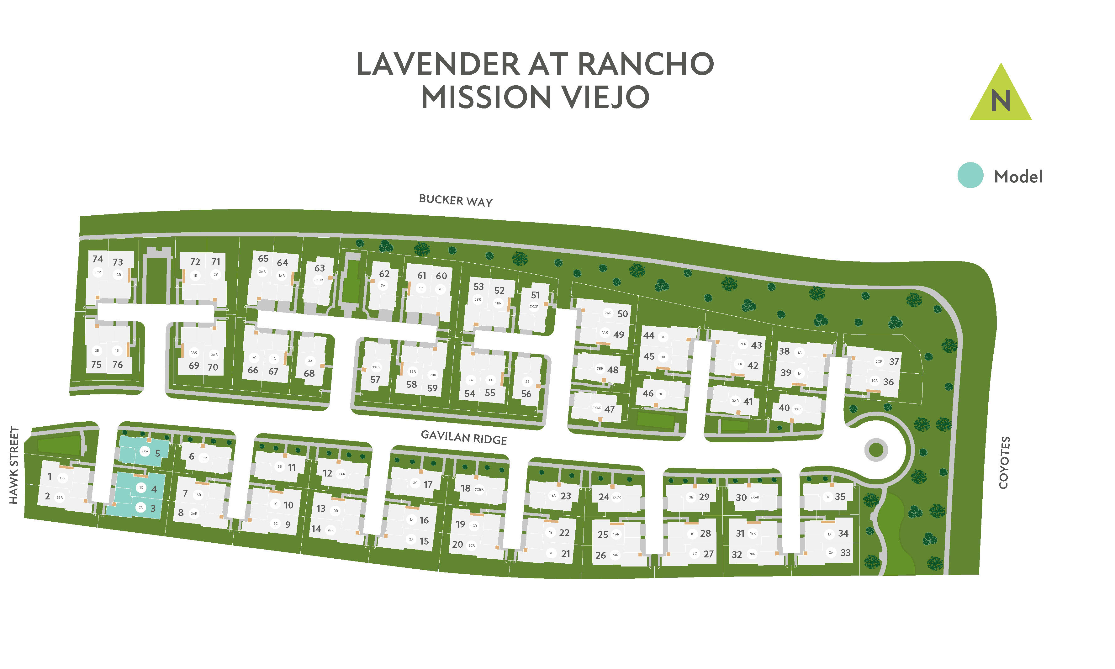 The image depicts a site plan for a residential development called "Lavender at Rancho Mission Viejo", featuring a grid of residential units surrounded by green spaces and a mountain range in the background.
