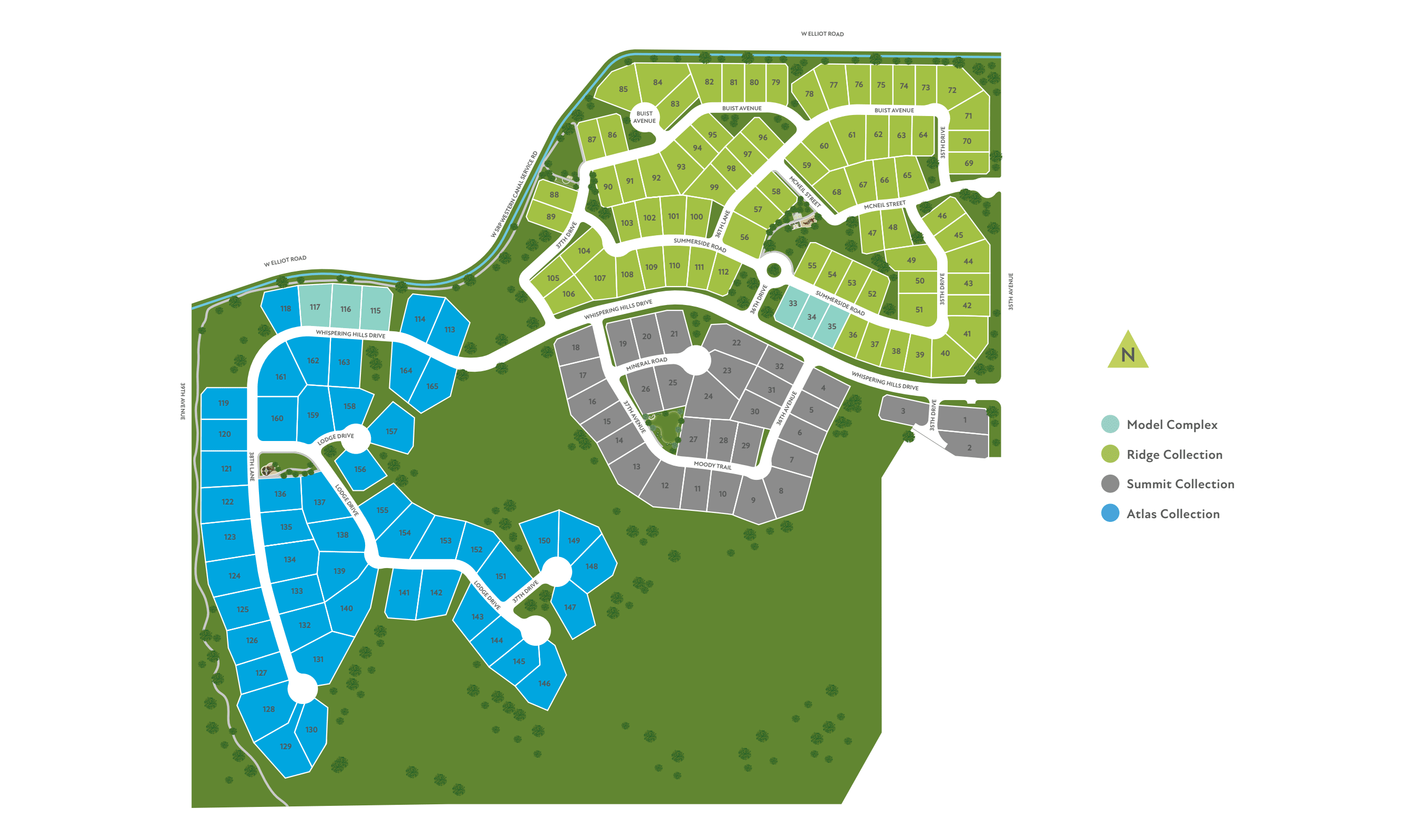 A detailed map of a residential neighborhood, with various color-coded areas representing different types of buildings and land use, surrounded by lush green spaces.