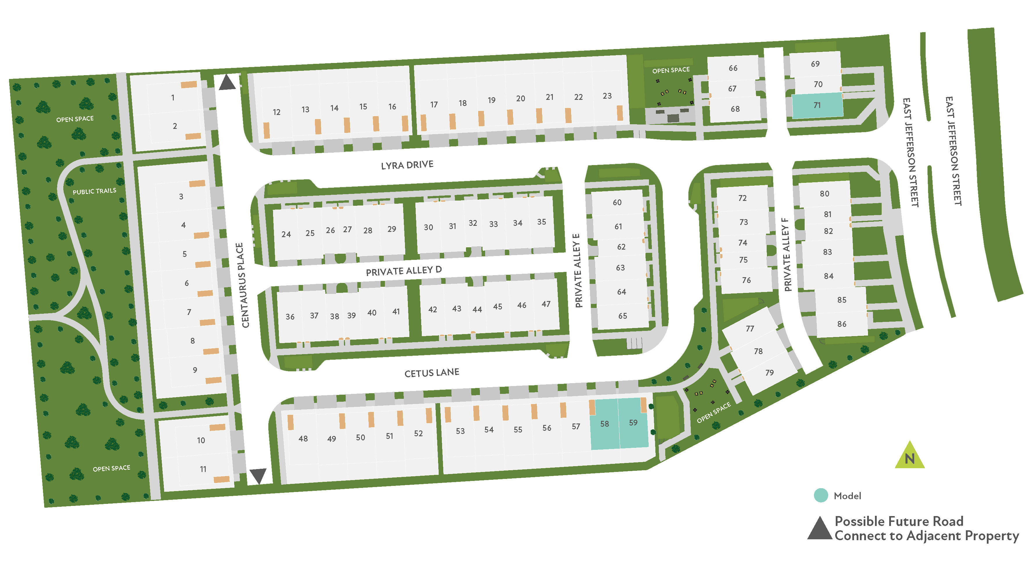 This is a map or site plan of a residential or commercial development, with various buildings, roads, and green spaces depicted in a top-down or aerial view.