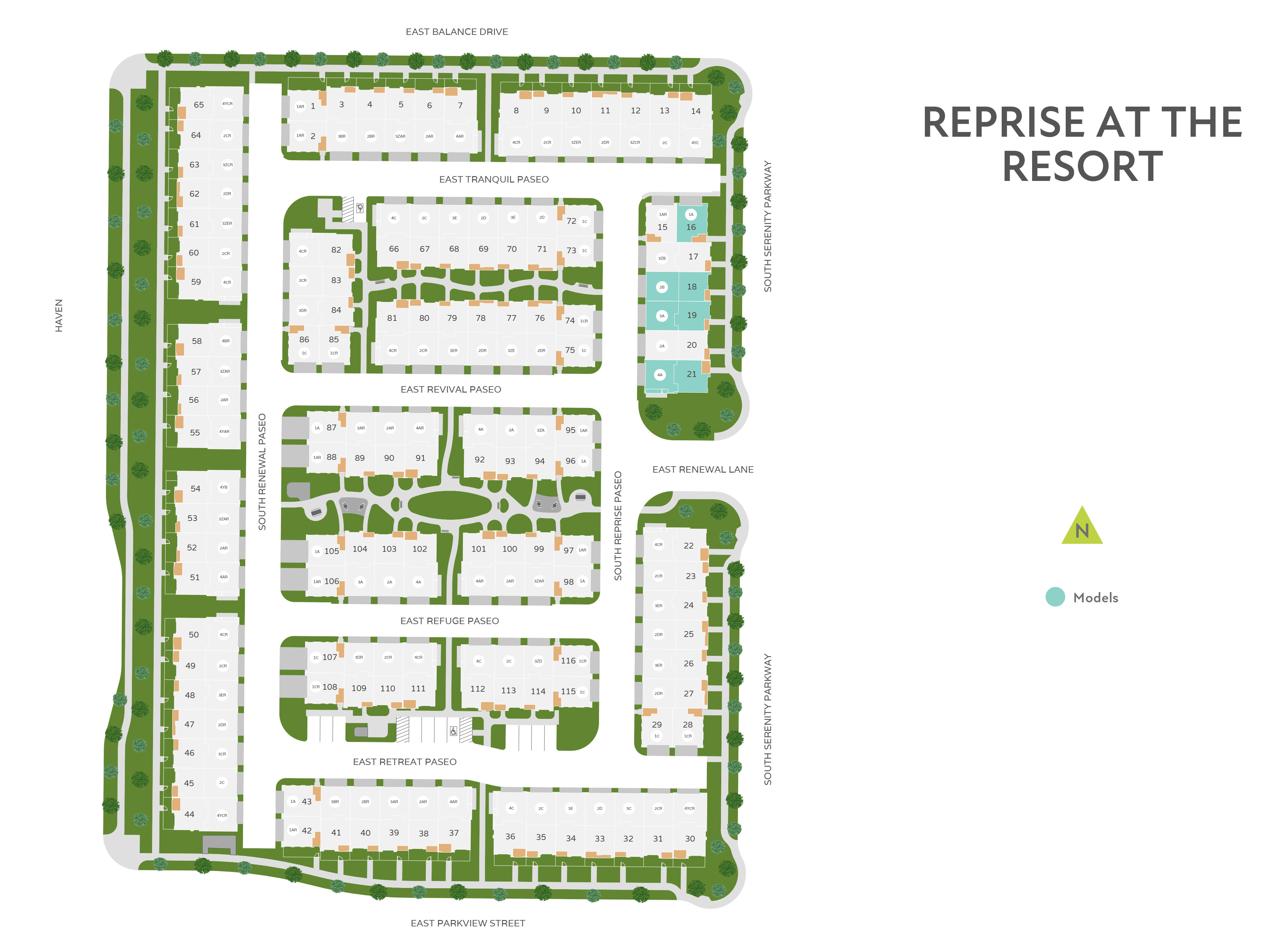 The image appears to be a site plan or layout of a resort, with various buildings, green spaces, and amenities arranged in a structured manner.