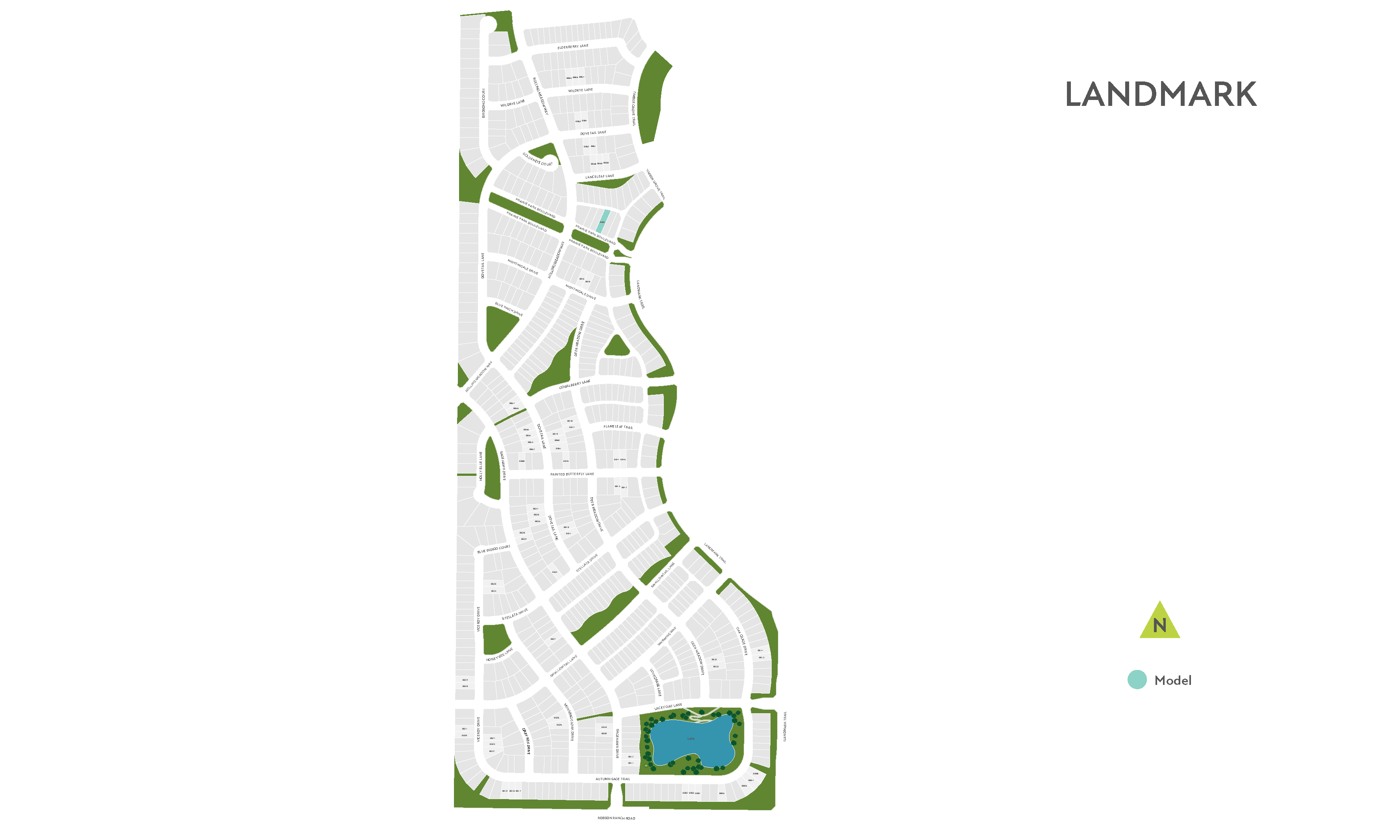 A map of a planned community with a lake in the foreground and the word "LANDMARK" in the background.