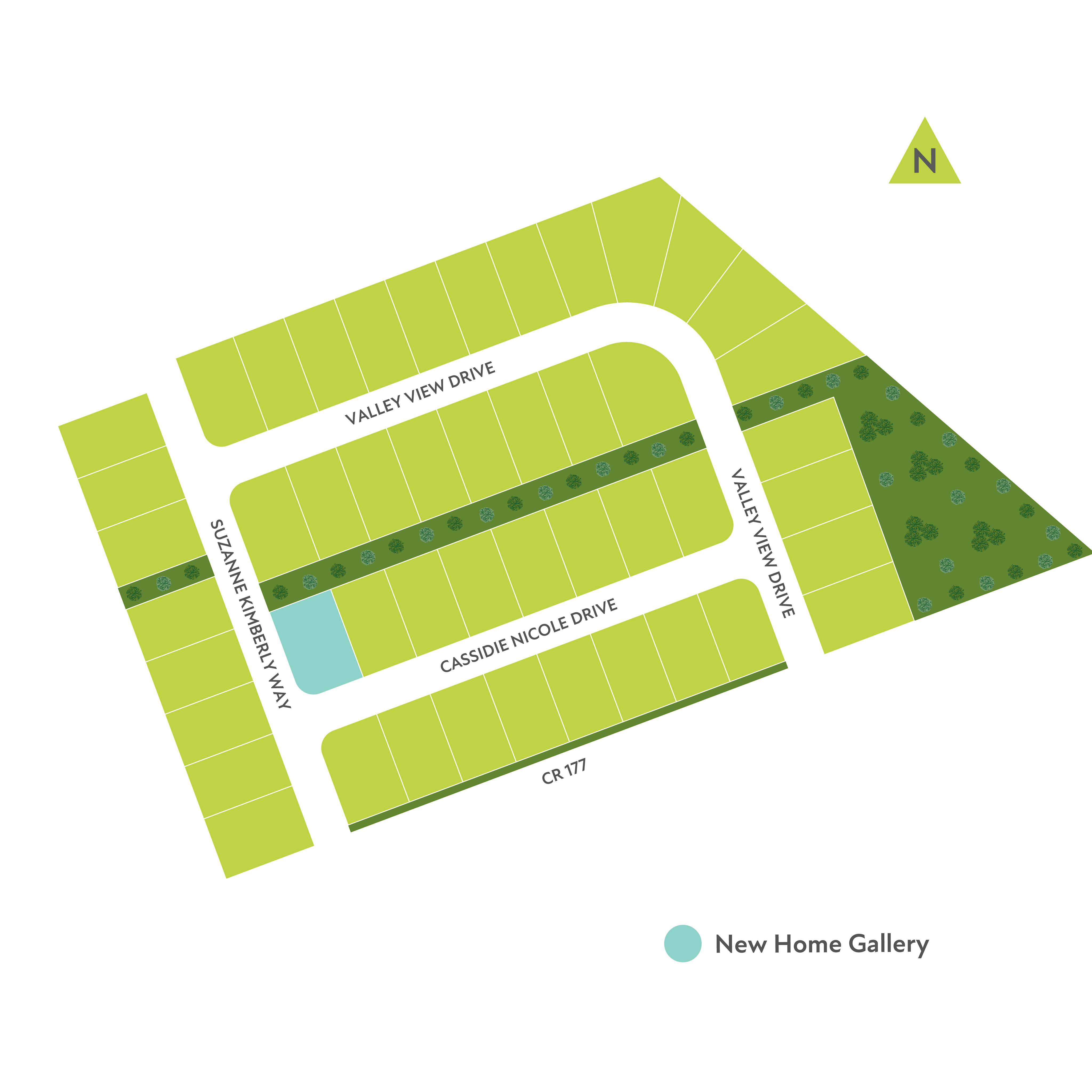 A map displays a cul-de-sac neighborhood with green lots and streets in the foreground, and a wooded area in the background.