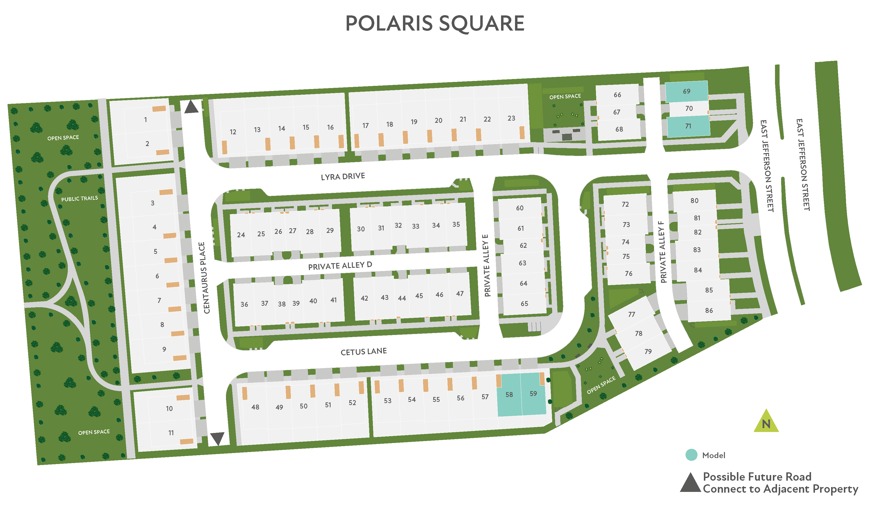 A bird's-eye view map of Polaris Square shows a residential development with townhouses and some commercial spaces in the foreground, surrounded by green spaces and roads in the background.