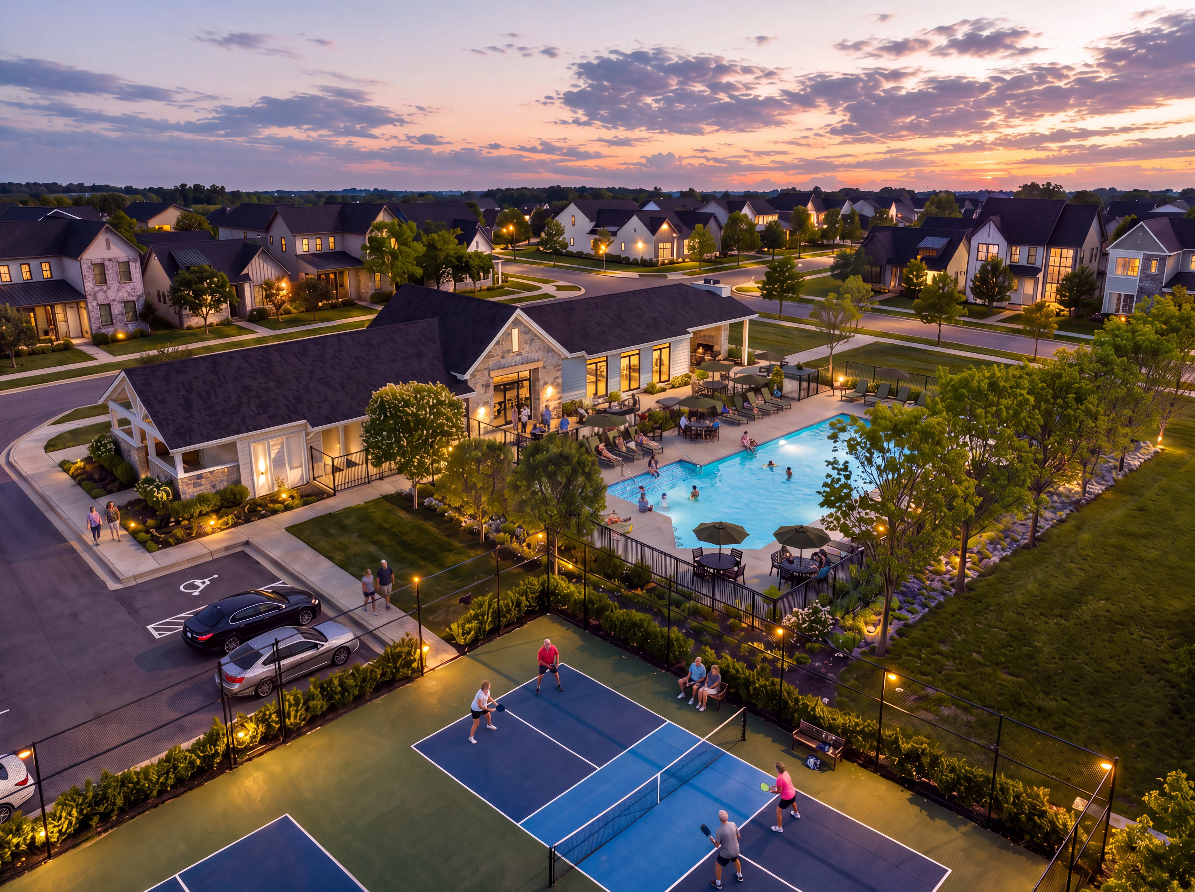 People play pickleball on blue courts in the foreground of a residential community featuring a swimming pool and modern homes under a sunset sky.