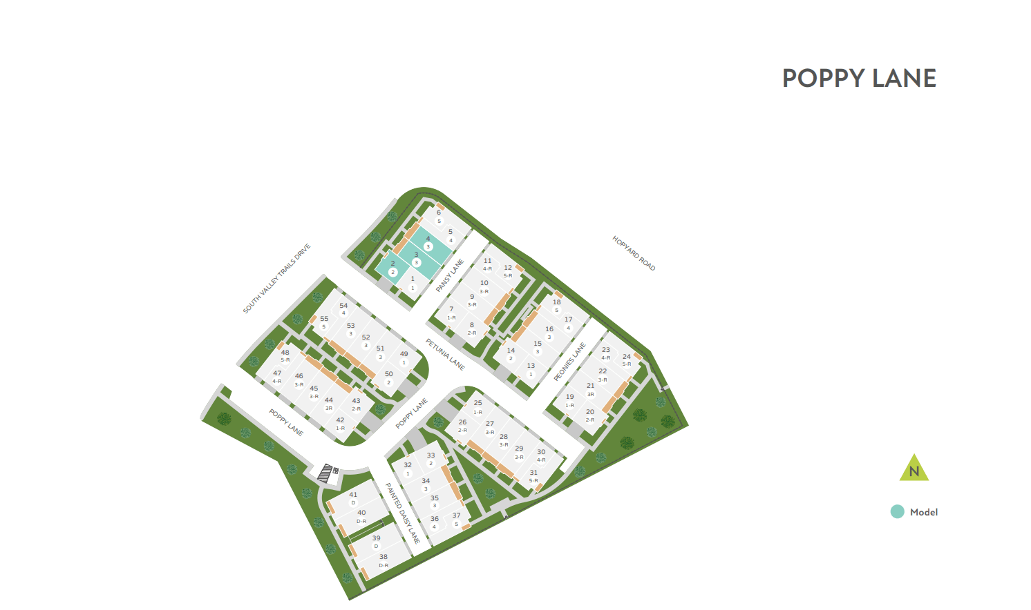 A detailed residential plot map of Poppy Lane is centered against a plain white background.