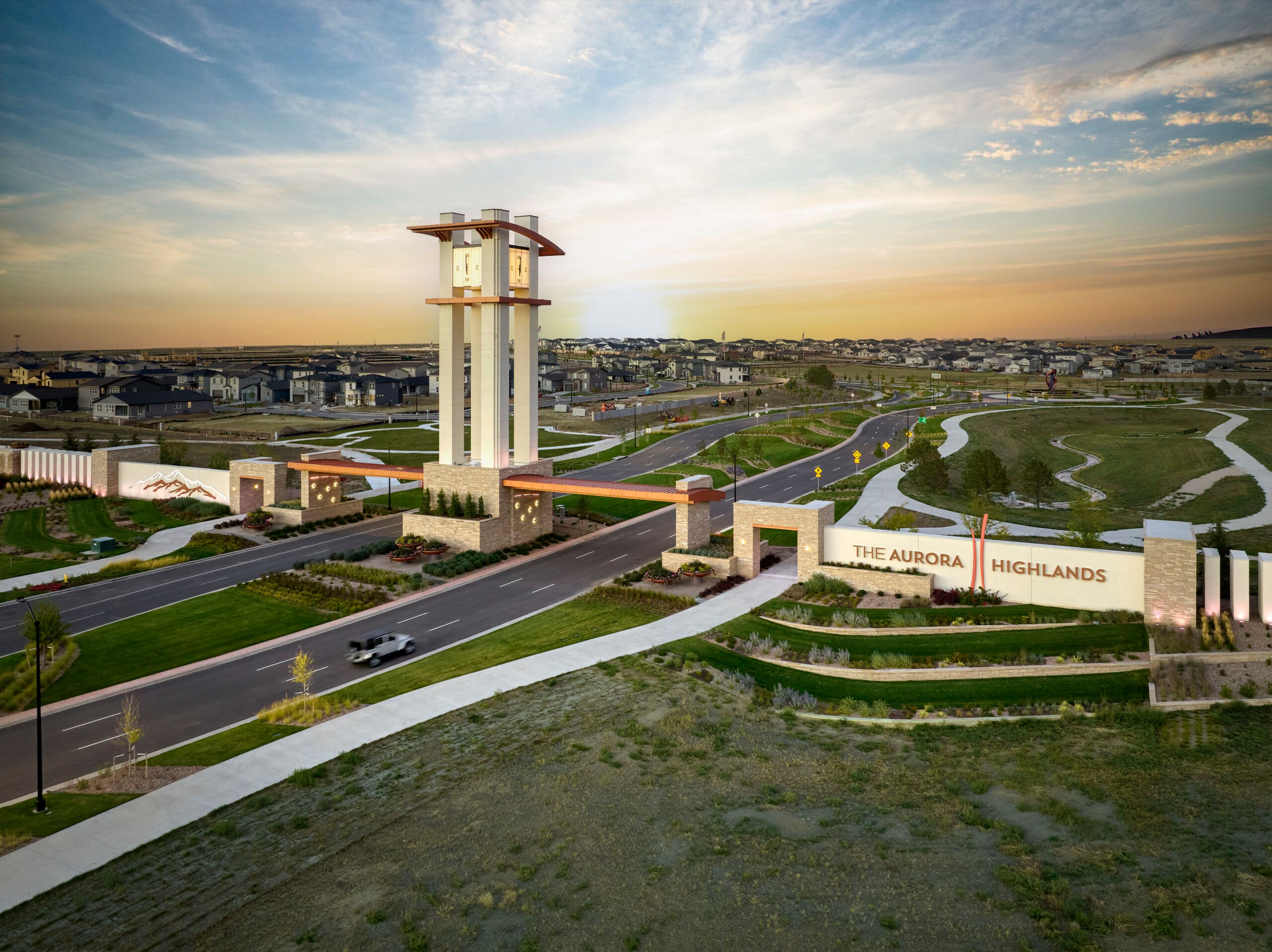 The Aurora Highlands entrance monument and landscaped community gateway