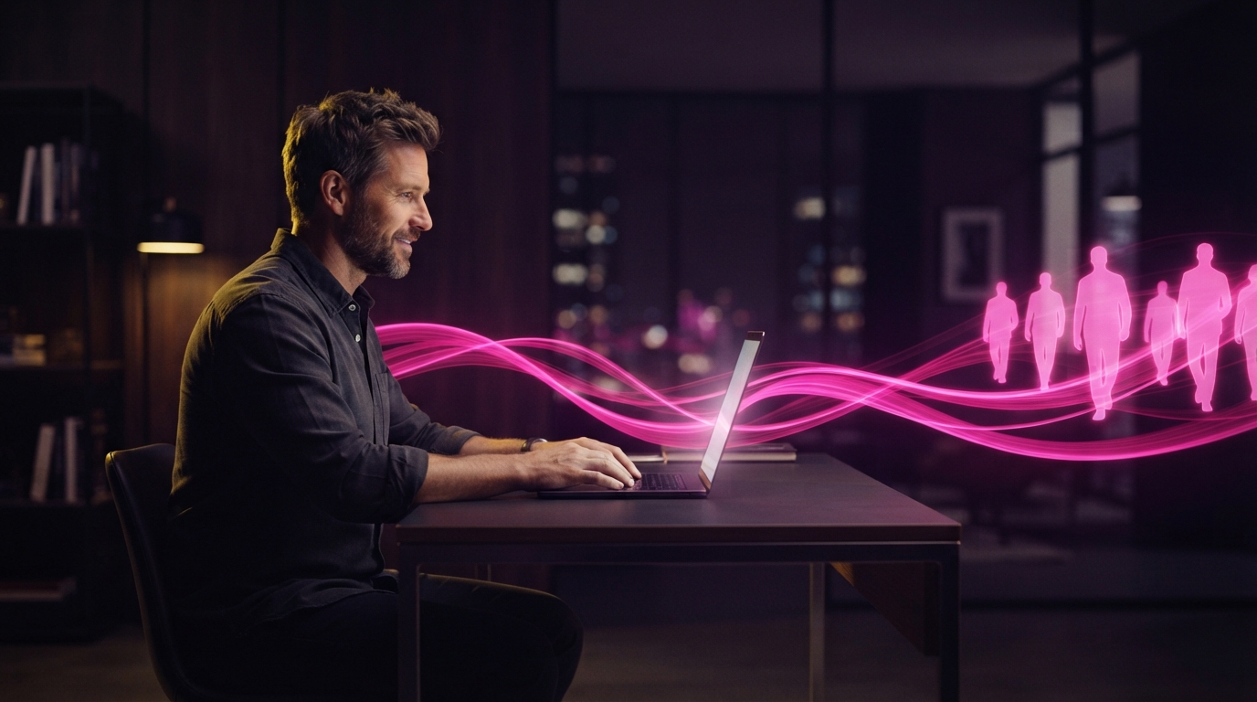 A freelancer at a laptop as new clients arrive