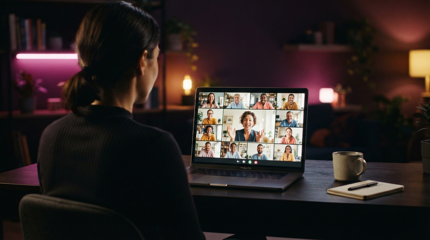 Someone on a live group coaching call, gallery of members on screen