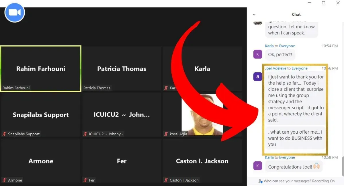 Joel on a live call, closing a client using the group strategy and messenger script