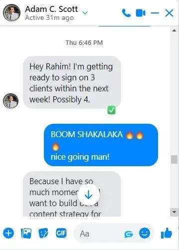 Message from Adam about getting ready to sign 3 clients