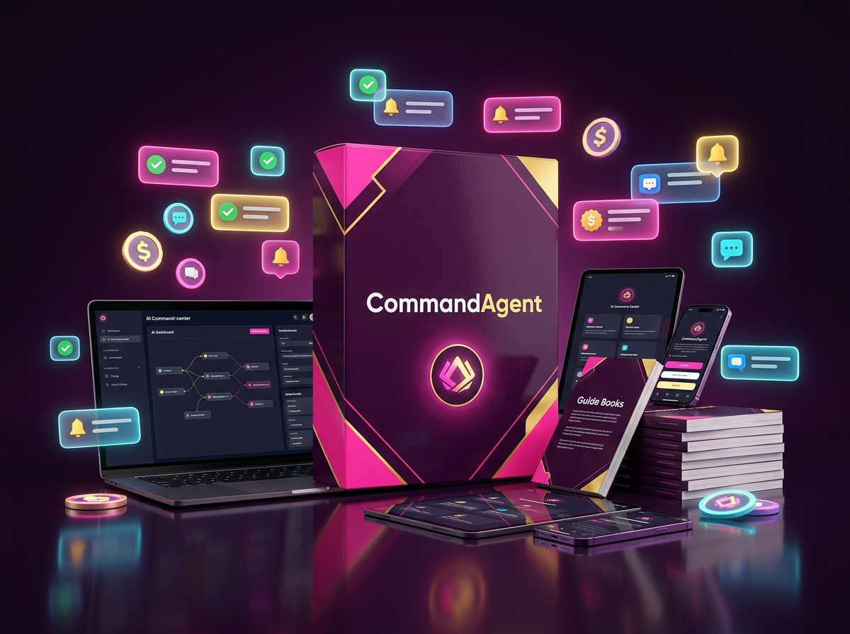 The Command Agents AI bundle: box, laptop dashboard, tablet, phone, guides and floating notifications