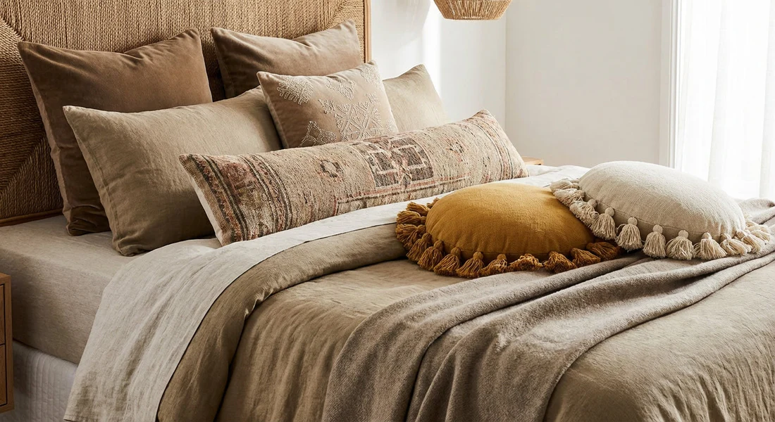White bed base with a warm burgundy textured accent pillow in a Kenyan bedroom