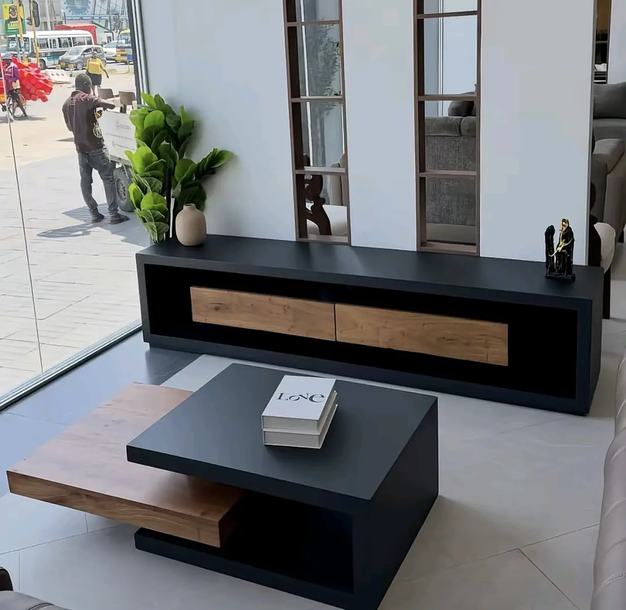 Complete coordinated living room with matching TV stand and coffee table set in Kenya