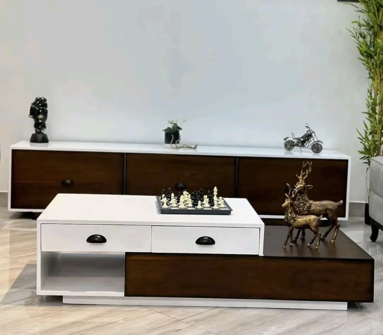 TV stand shelves styled with minimal decor and hidden cables in a Nairobi home