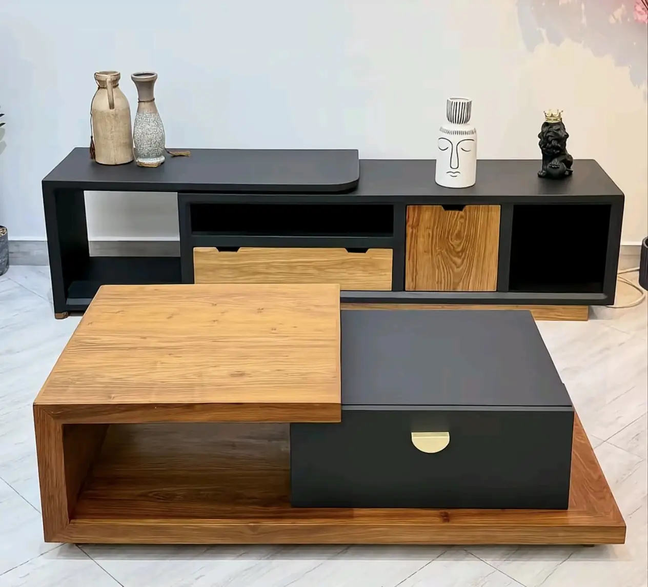 TV stand and coffee table set with matching slatted fronts in a Kenyan lounge