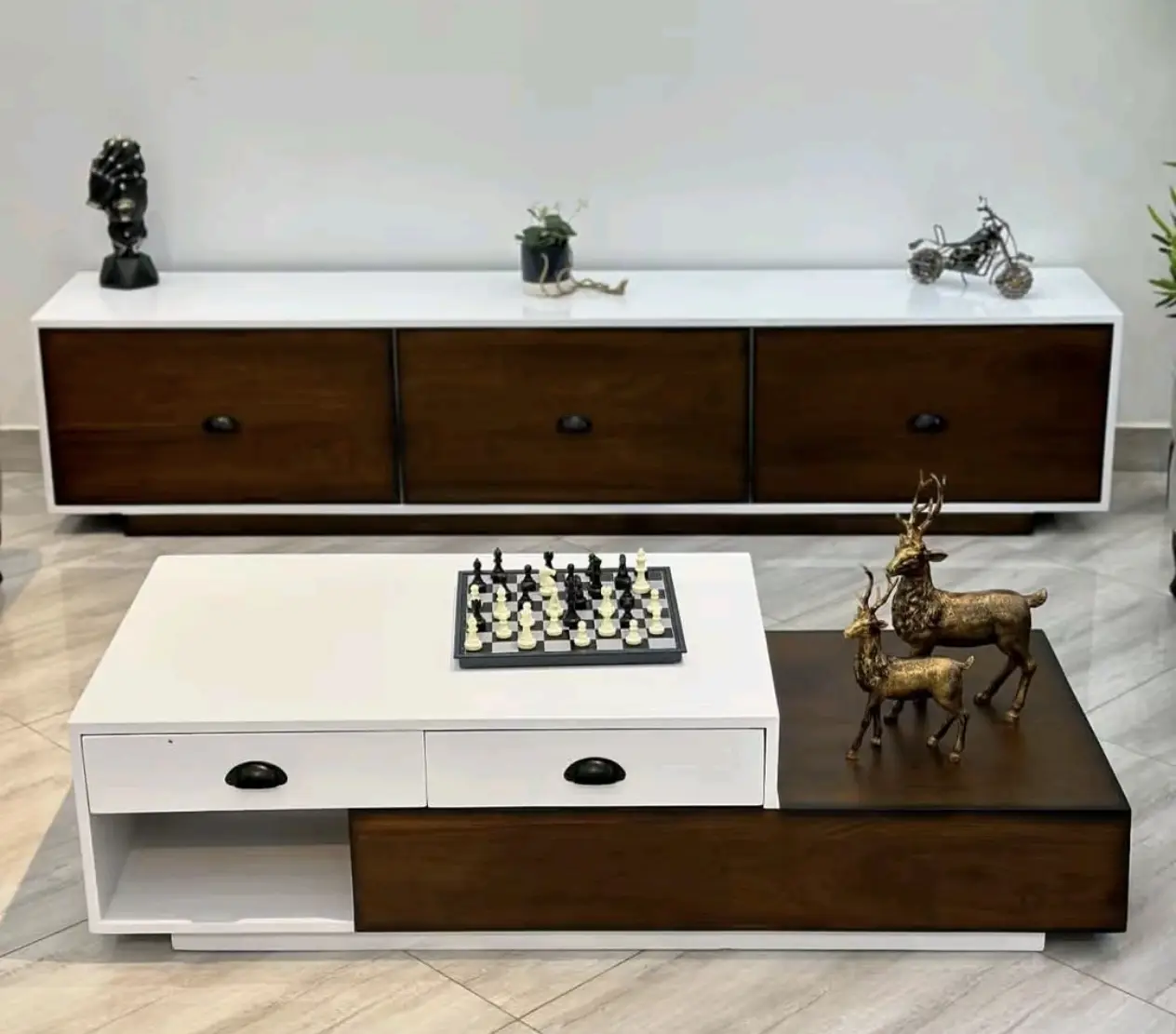 Matching TV stand and coffee table set in a modern Kenyan living room