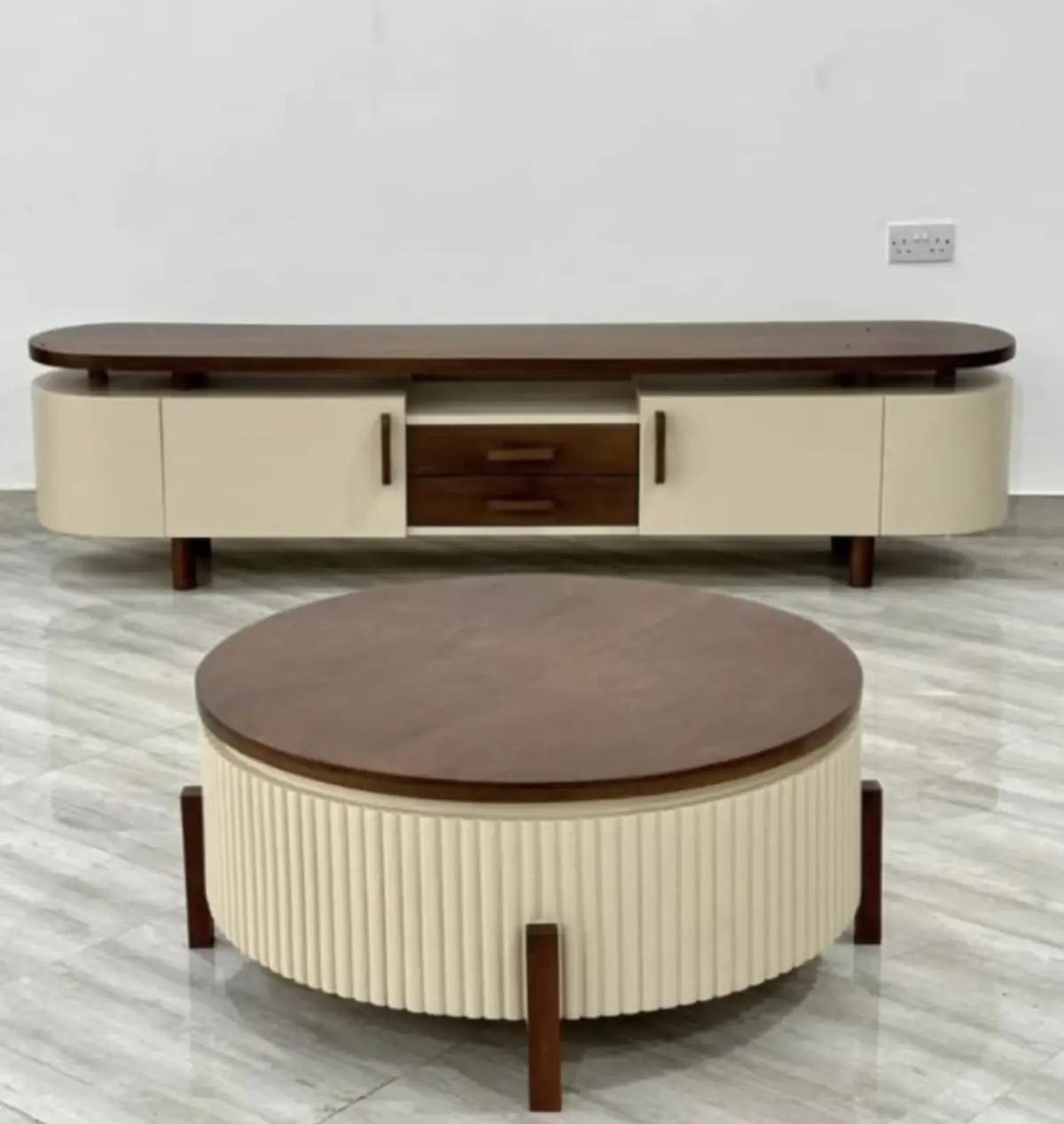 Coordinated wood-look TV stand and coffee table set for a Nairobi living room