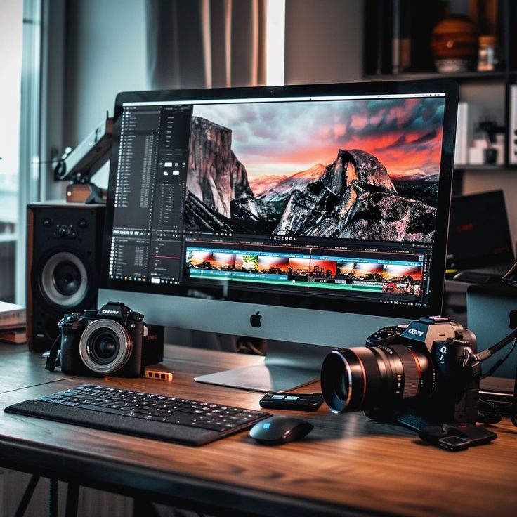 Creative production desk with a camera, a smartphone mounted on a mobile gimbal and a video editing laptop under blue studio lighting
