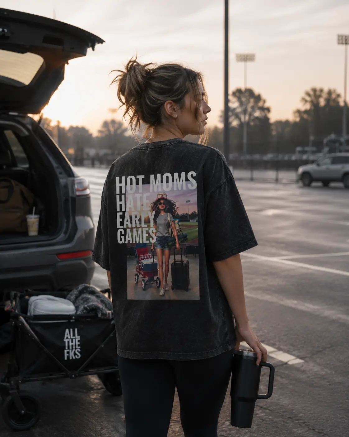 Hot Moms Hate Early Games - Oversized Baseball Tee in Black — view 5 | ALLTHEFKS