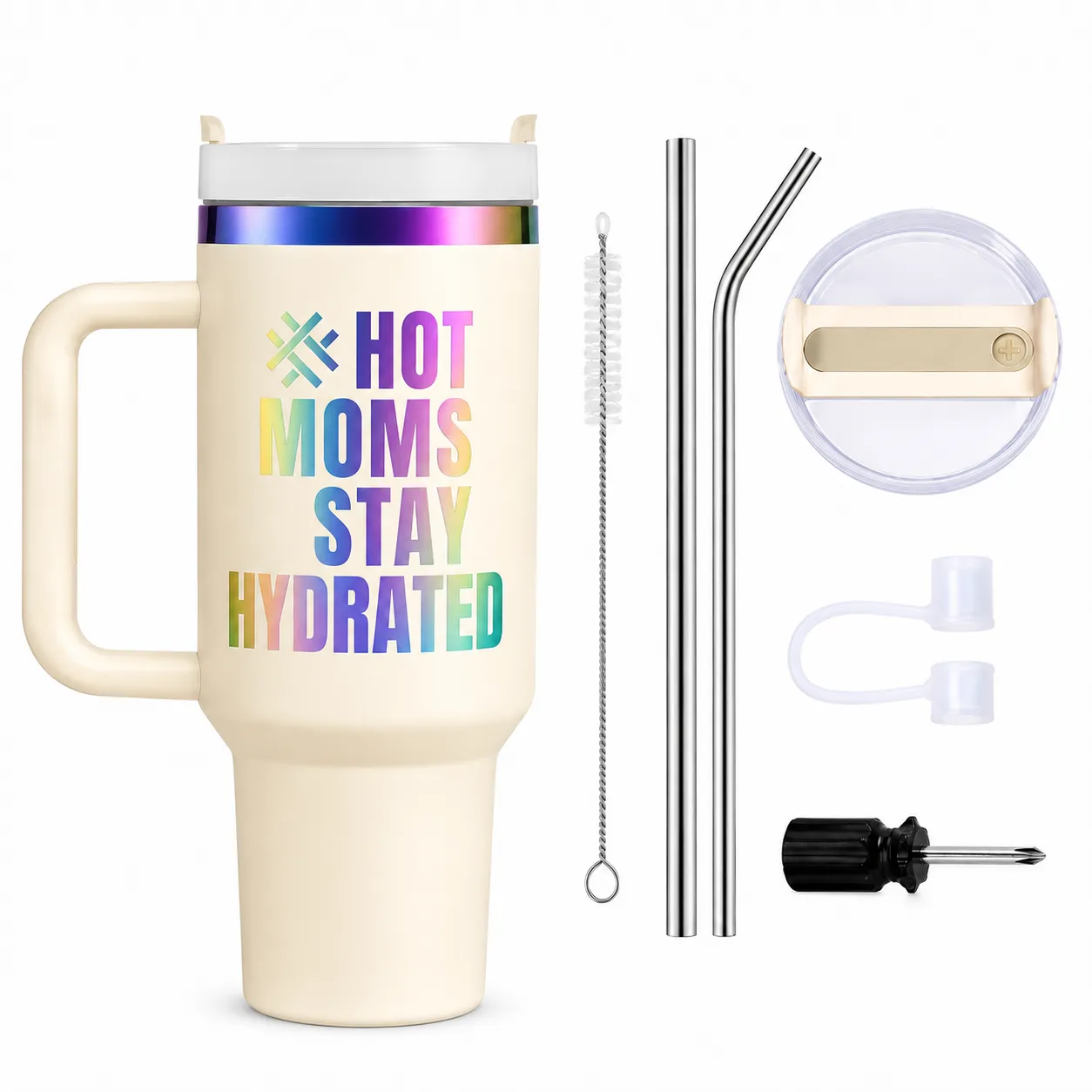 Hot Moms Stay Hydrated in Cream Iridescent - 40oz Drinkware Tumbler with Handle — view 2 | ALLTHEFKS