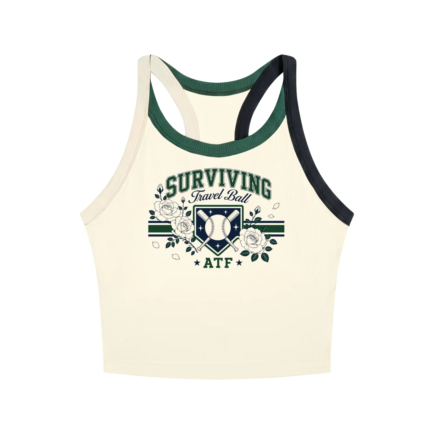ATF Surviving Travel Ball Baseball Cropped Racerback Tank with Built-In Bra Beige — view 2 | ALLTHEFKS