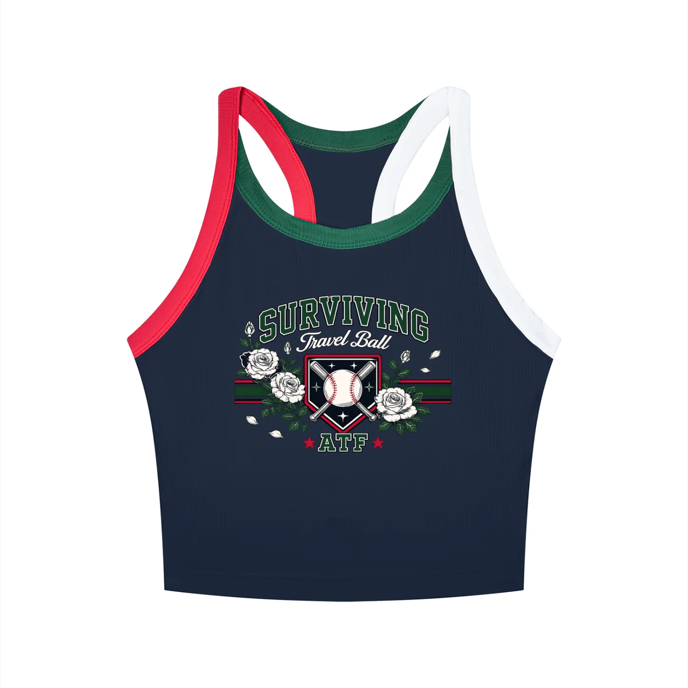 ATF Surviving Travel Ball Baseball Cropped Racerback Tank with Built-In Bra Navy — view 2 | ALLTHEFKS