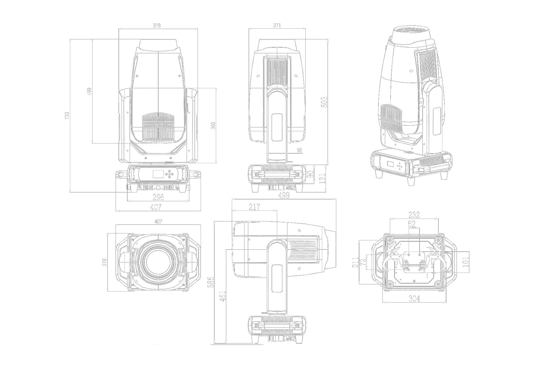 GM-L FT1200 BSWF Profile LED Moving Head dimensions scheme